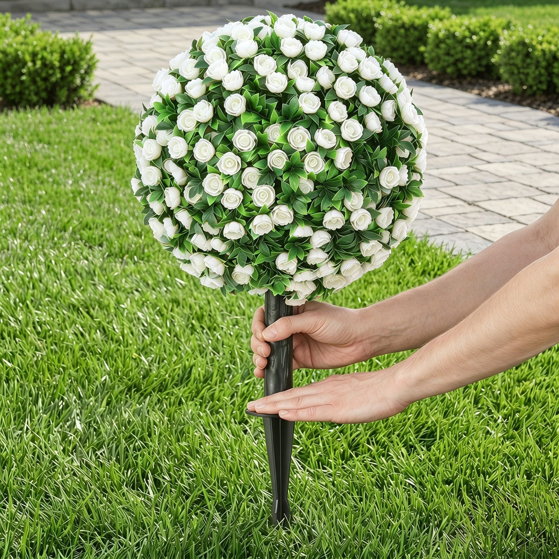 Set of 2 55 cm Artificial Rose Topiary with Ground Stake, UV-Resistant Fake Plants with 306 Roses and Leaves for Indoor Outdoor Home Office Garden Decor, White