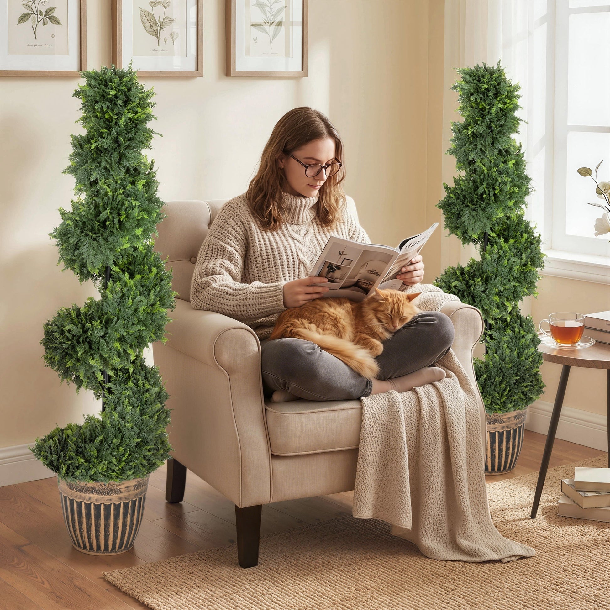 Set of 2 Decorative Artificial Plants Topiary Spiral Cypress Trees in Pot, Fake Plants for Home Indoor Outdoor Decor, 120cm, Green