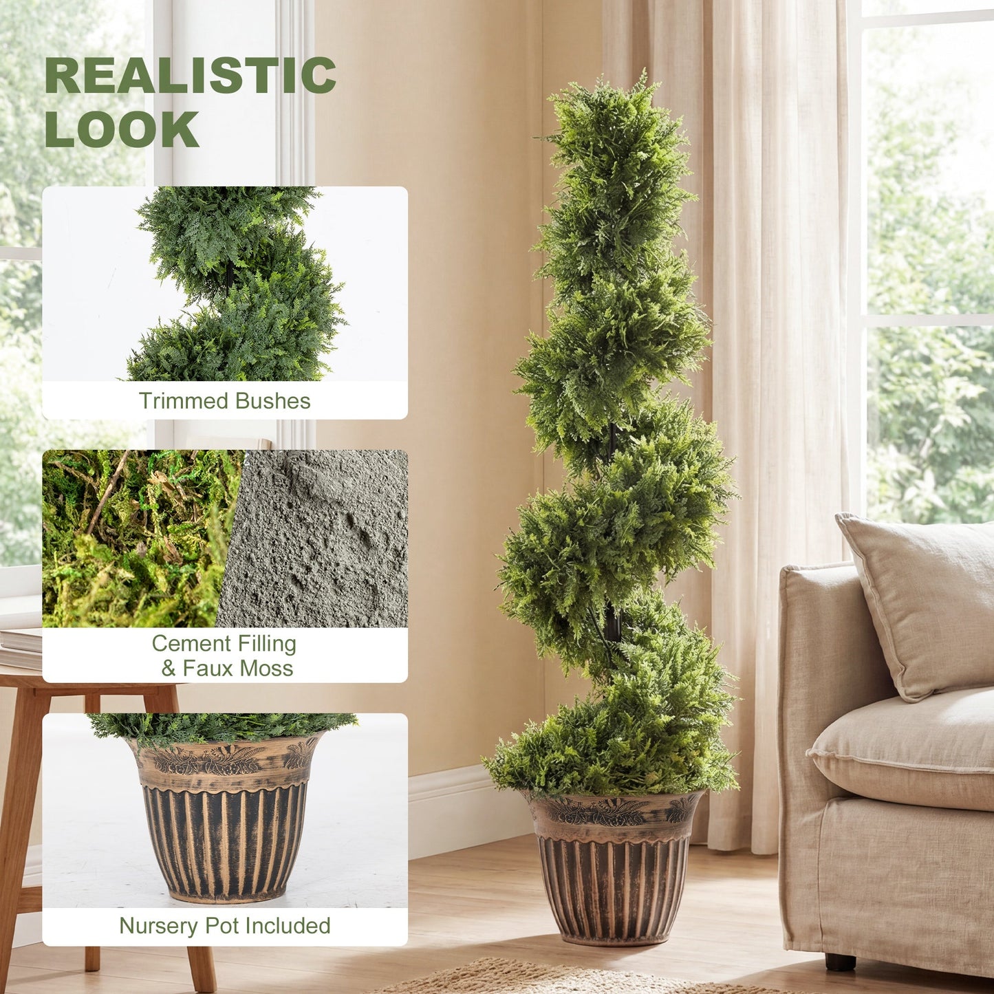 Set of 2 Decorative Artificial Plants Topiary Spiral Cypress Trees in Pot, Fake Plants for Home Indoor Outdoor Decor, 120cm, Green