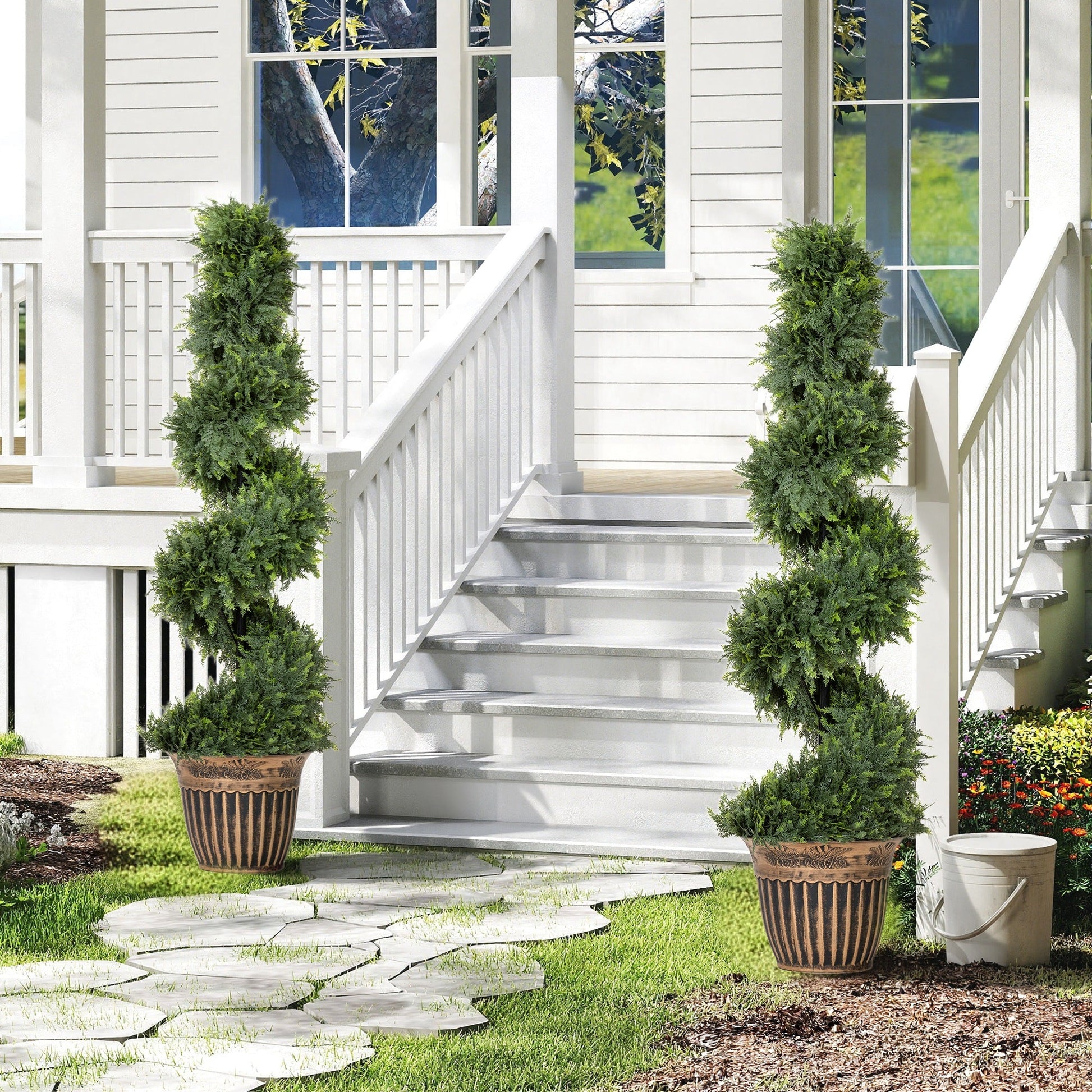 Set of 2 Decorative Artificial Plants Topiary Spiral Cypress Trees in Pot, Fake Plants for Home Indoor Outdoor Decor, 120cm, Green