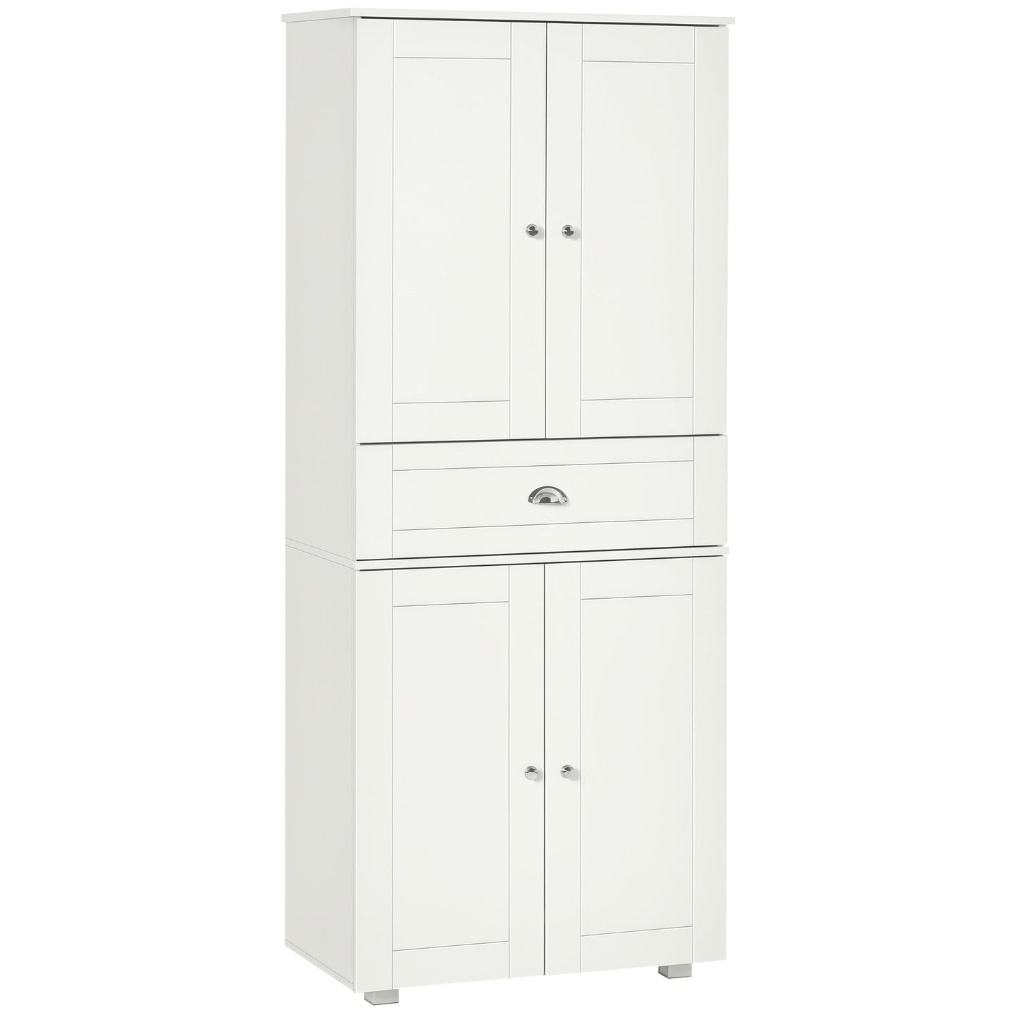 184cm Tall Kitchen Cupboard, Freestanding Kitchen Pantry Storage Cabinet with 4 Doors, 3 Adjustable Shelves, Drawer, Anti-tipping Device, Sideboard Organiser for Dining Room, Living Room, White