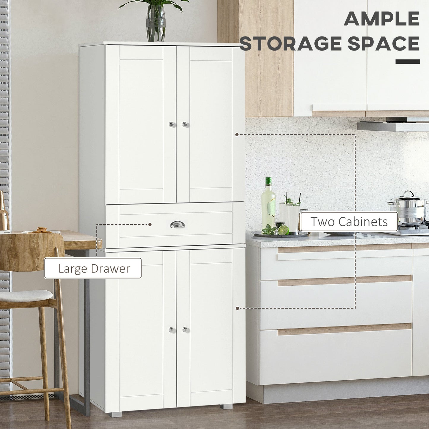 184cm Tall Kitchen Cupboard, Freestanding Kitchen Pantry Storage Cabinet with 4 Doors, 3 Adjustable Shelves, Drawer, Anti-tipping Device, Sideboard Organiser for Dining Room, Living Room, White
