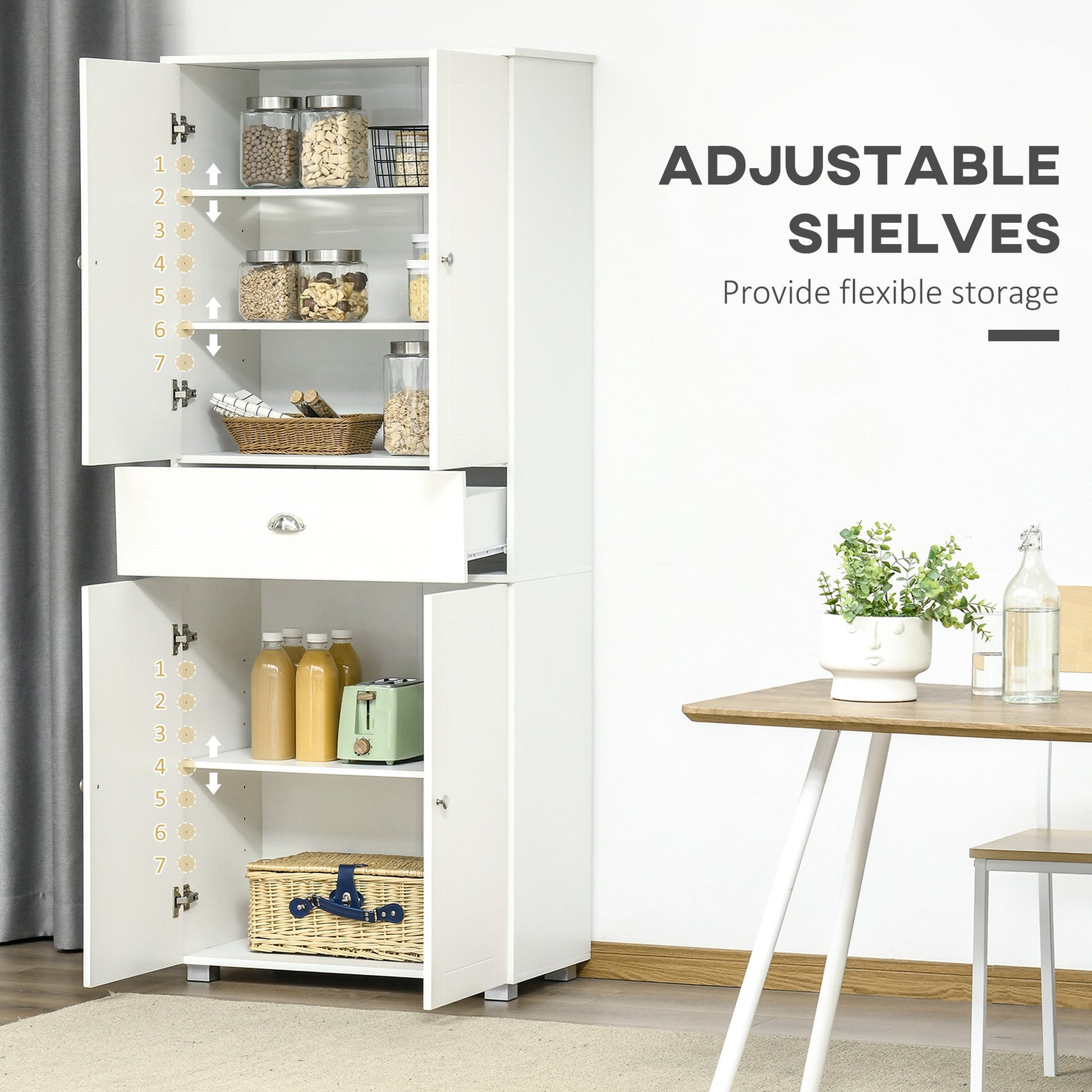 184cm Tall Kitchen Cupboard, Freestanding Kitchen Pantry Storage Cabinet with 4 Doors, 3 Adjustable Shelves, Drawer, Anti-tipping Device, Sideboard Organiser for Dining Room, Living Room, White