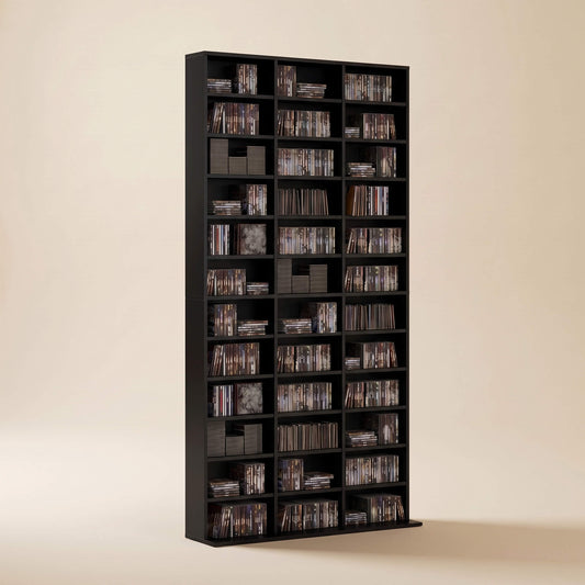 1116 CD/ 528 DVD Storage Unit, Media Storage Shelf, Wooden Display Unit with Adjustable Shelves, 102 x 195 cm, Black