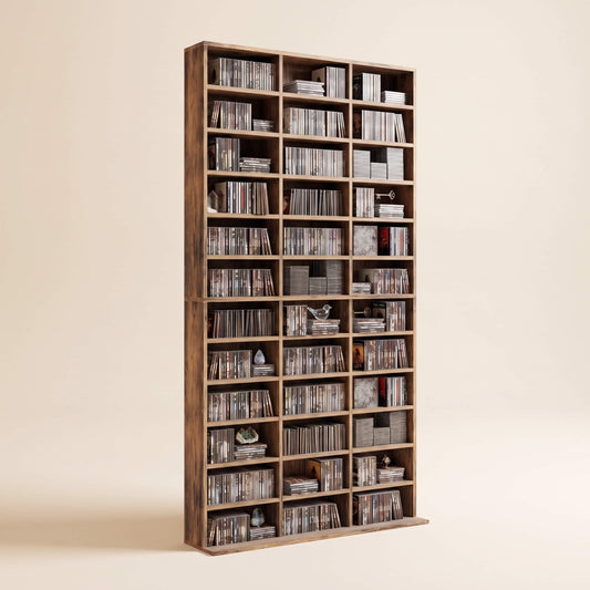 1116 CD/ 528 DVD Storage Unit, Media Storage Shelf, Wooden Display Unit with Adjustable Shelves, 102 x 195 cm, Rustic Brown