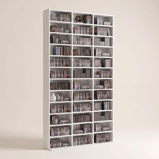 1116 CD/ 528 DVD Storage Unit, Media Storage Shelf, Wooden Display Unit with Adjustable Shelves, 102 x 195 cm, White
