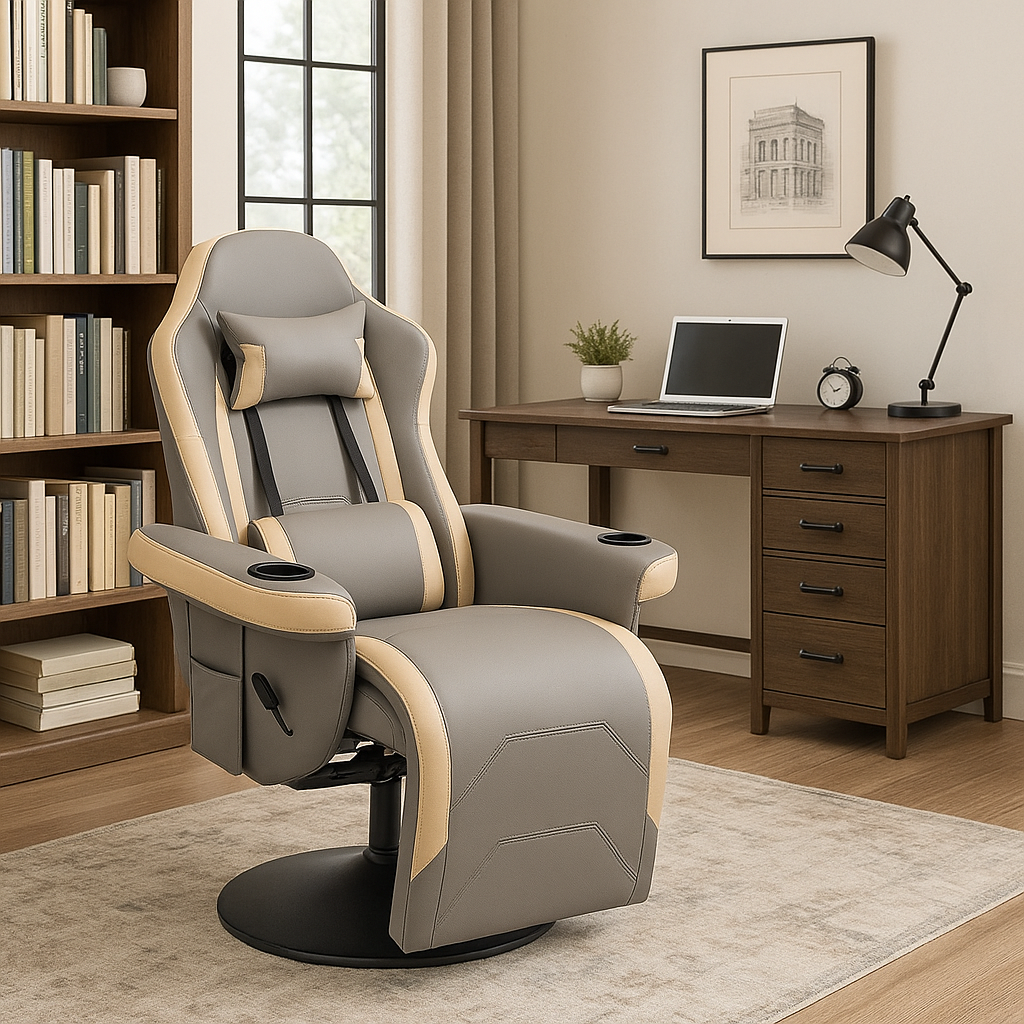PU Leather Gaming Chair, Swivel Manual Recliner with Footrest, Headrest & Cup Holder, Grey - HOMCOM