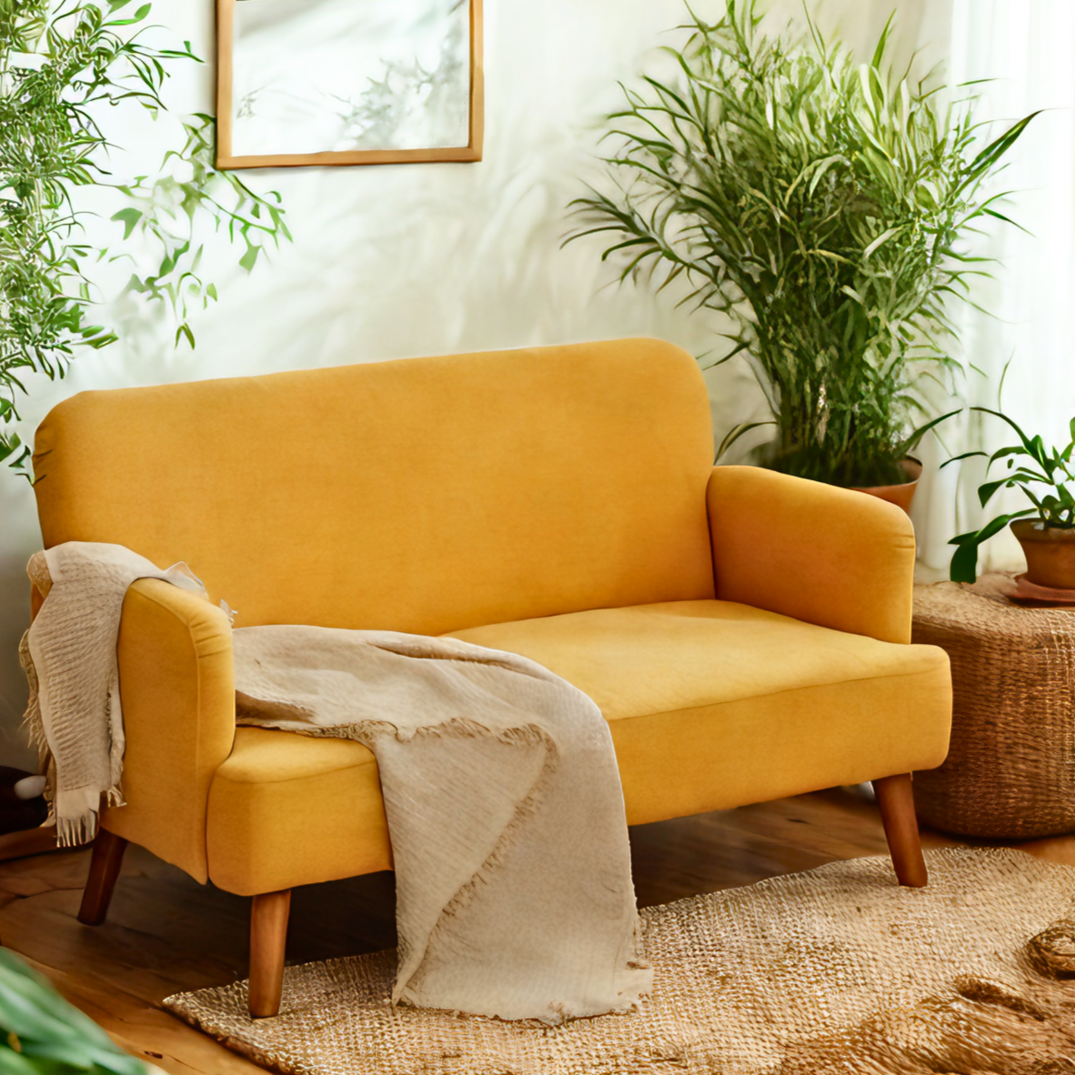 2 Seater Sofa, Velvet Feel Fabric Loveseat with 21cm Thick Padding and Wood Legs, Yellow - HOMCOM