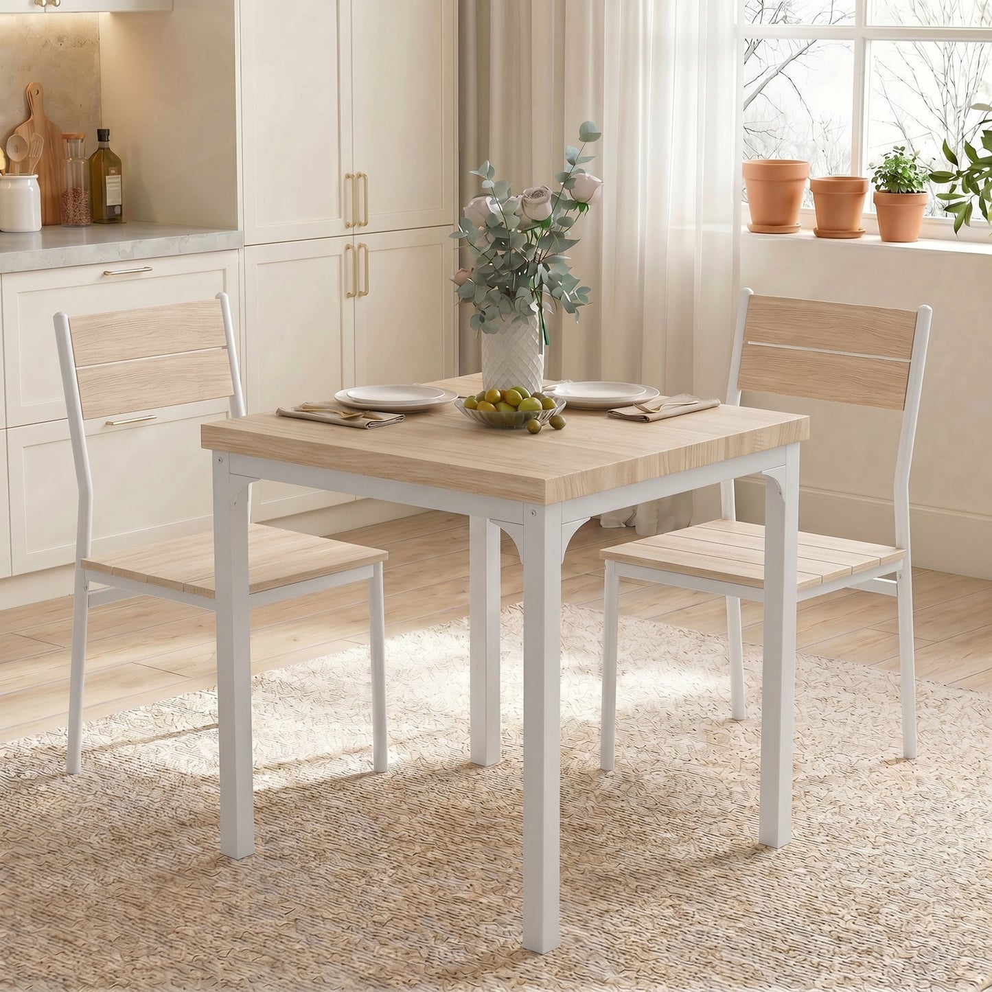 3 Pieces Modern Dining Table Set, Kitchen Table and Chairs for 2, Space Saving Design, Breakfast Nook Table Set with Steel Legs for Kitchen, Small Space, Oak Wood Effect
