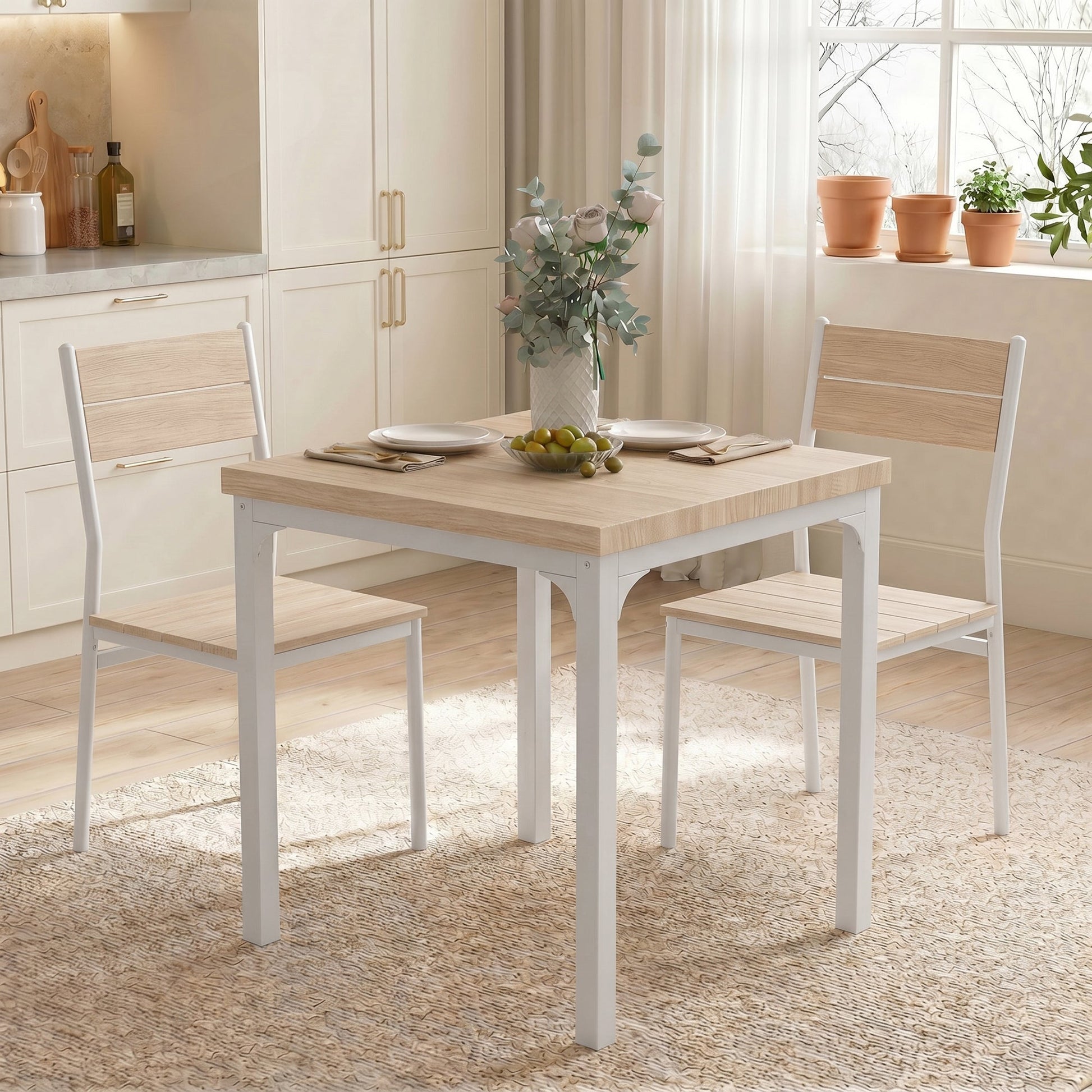 3 Pieces Modern Dining Table Set, Kitchen Table and Chairs for 2, Space Saving Design, Breakfast Nook Table Set with Steel Legs for Kitchen, Small Space, Oak Wood Effect