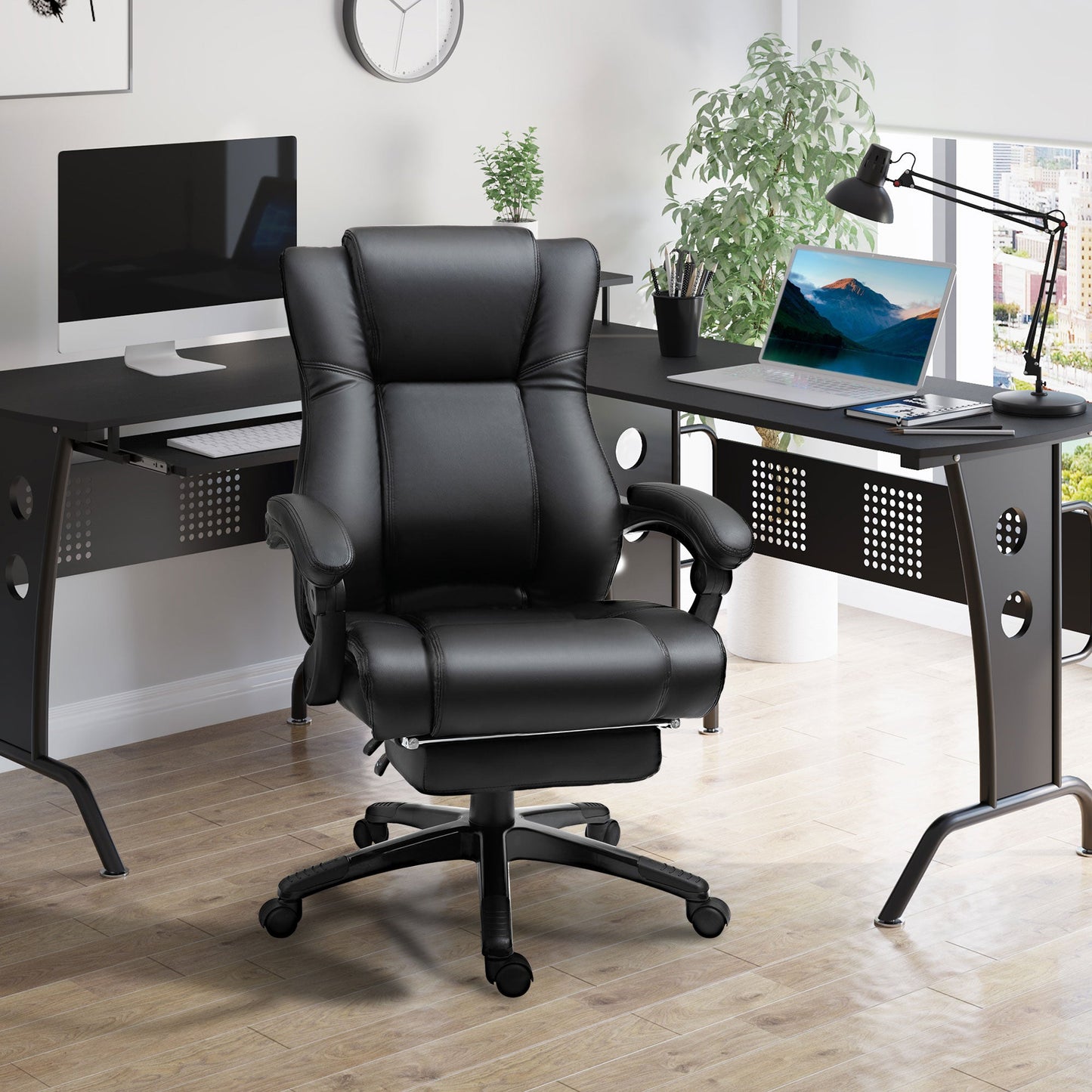 Vinsetto Executive Office Chair for Home, PU Leather Computer Chair, Swivel Desk Chair with Footrest, Wheels, Adjustable Height, Black