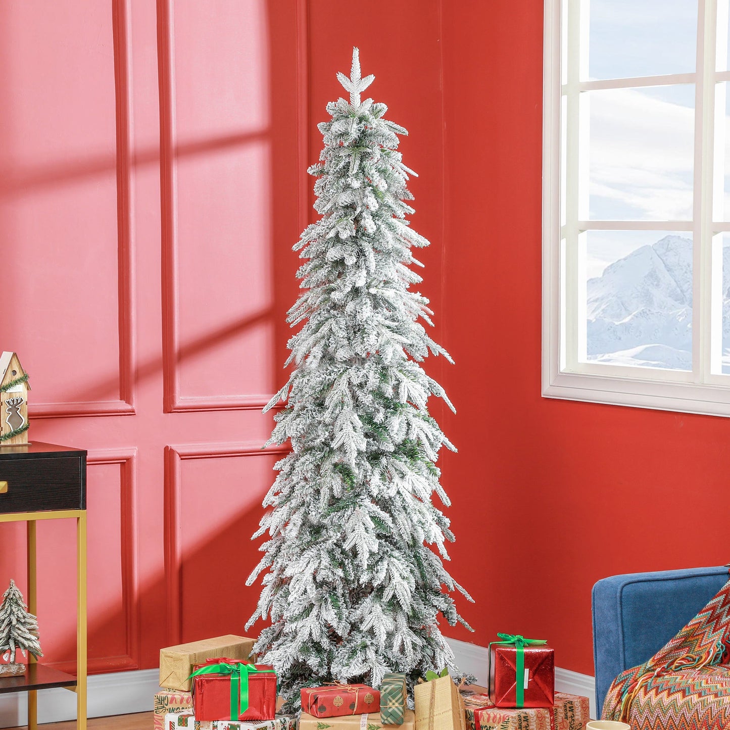 6ft Pencil Artificial Christmas Tree, Snow Flocked Xmas Tree with Downswept Branches and 600 Tips, Auto Open, Steel Base, Holiday Decoration for Home Office, Green