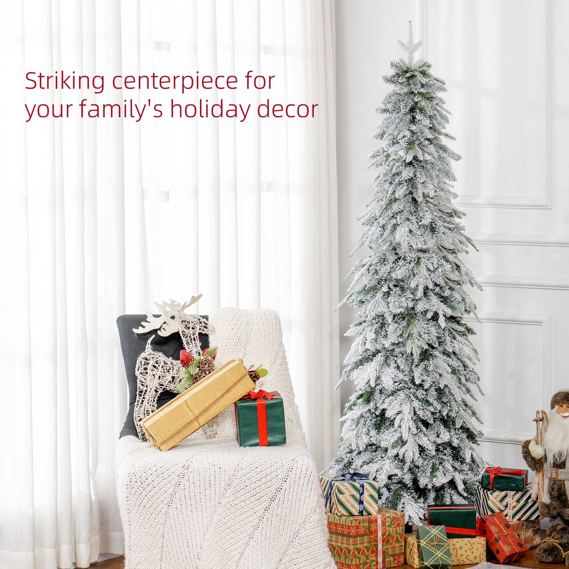 6ft Pencil Artificial Christmas Tree, Snow Flocked Xmas Tree with Downswept Branches and 600 Tips, Auto Open, Steel Base, Holiday Decoration for Home Office, Green