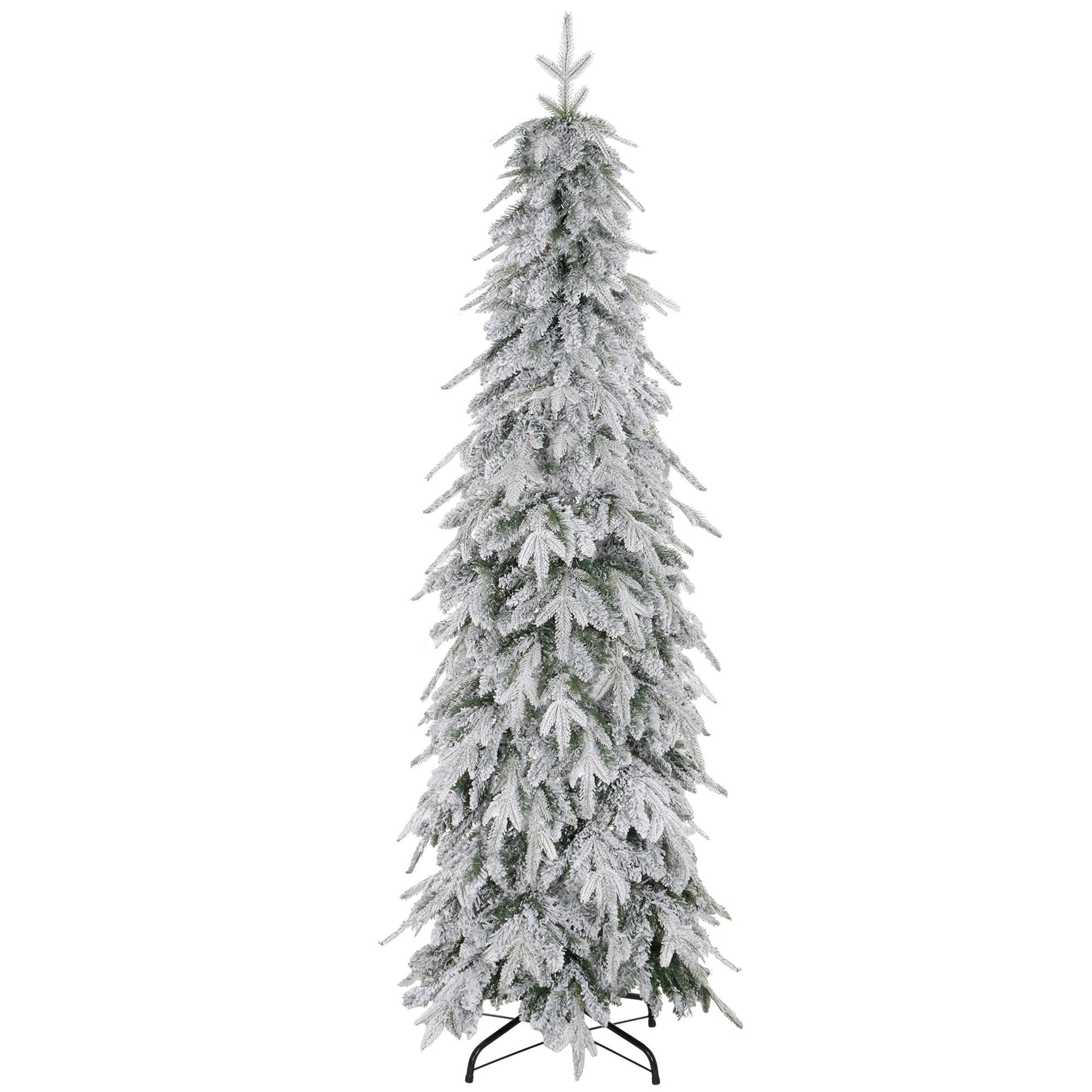 6ft Pencil Artificial Christmas Tree, Snow Flocked Xmas Tree with Downswept Branches and 600 Tips, Auto Open, Steel Base, Holiday Decoration for Home Office, Green