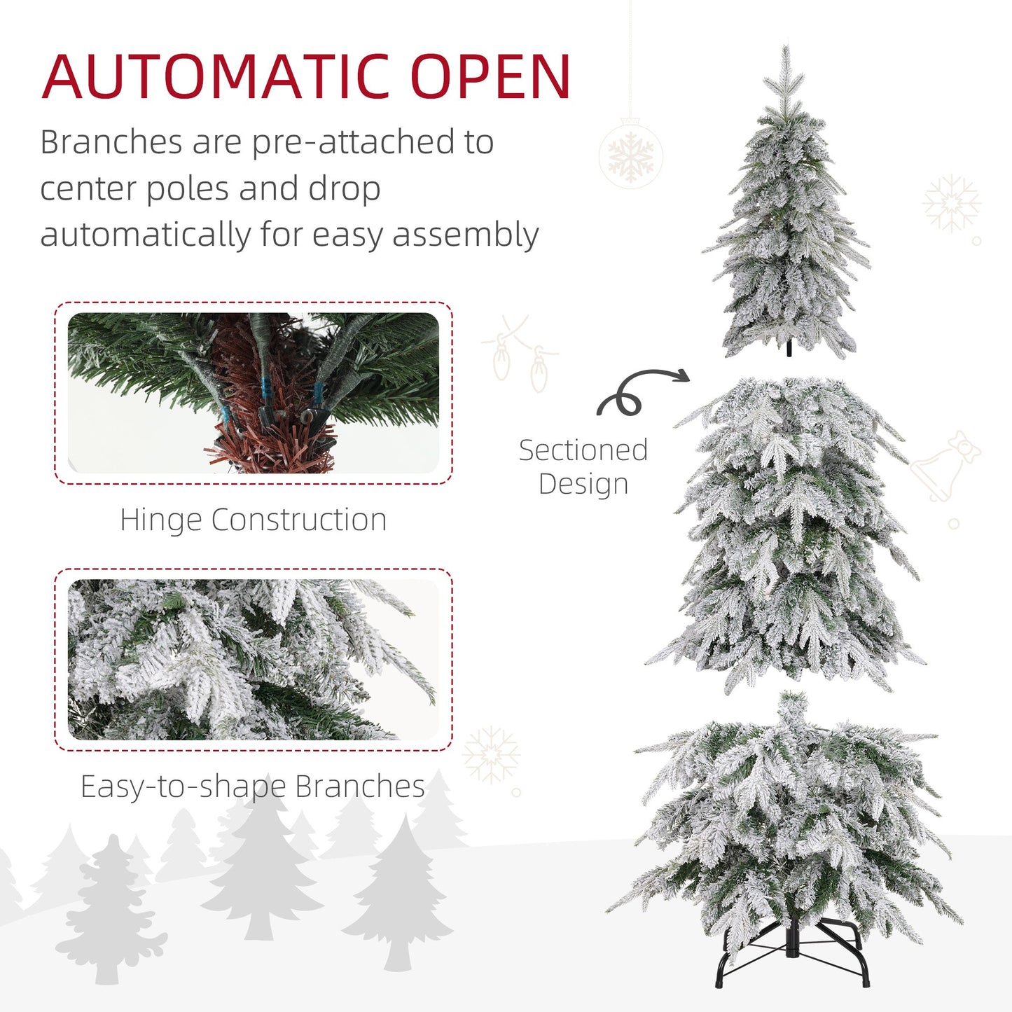 6ft Pencil Artificial Christmas Tree, Snow Flocked Xmas Tree with Downswept Branches and 600 Tips, Auto Open, Steel Base, Holiday Decoration for Home Office, Green