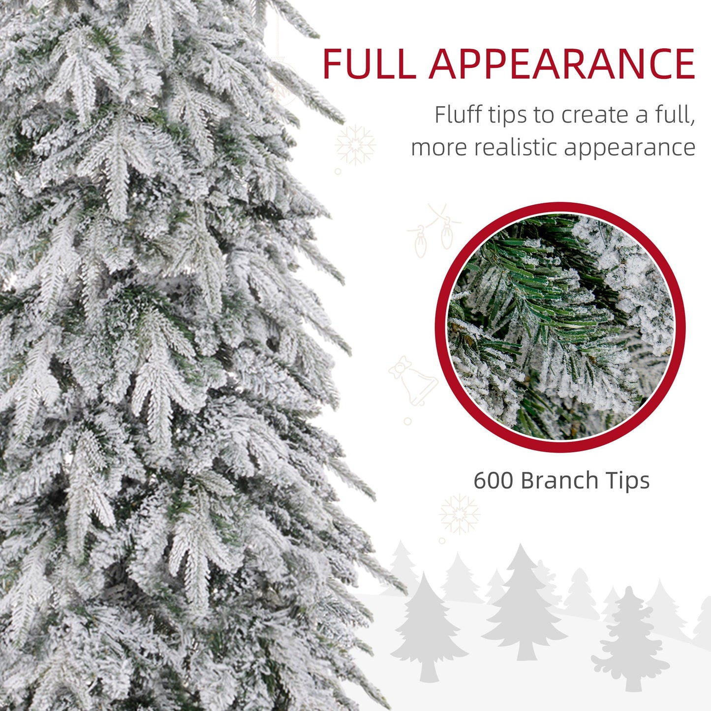 6ft Pencil Artificial Christmas Tree, Snow Flocked Xmas Tree with Downswept Branches and 600 Tips, Auto Open, Steel Base, Holiday Decoration for Home Office, Green