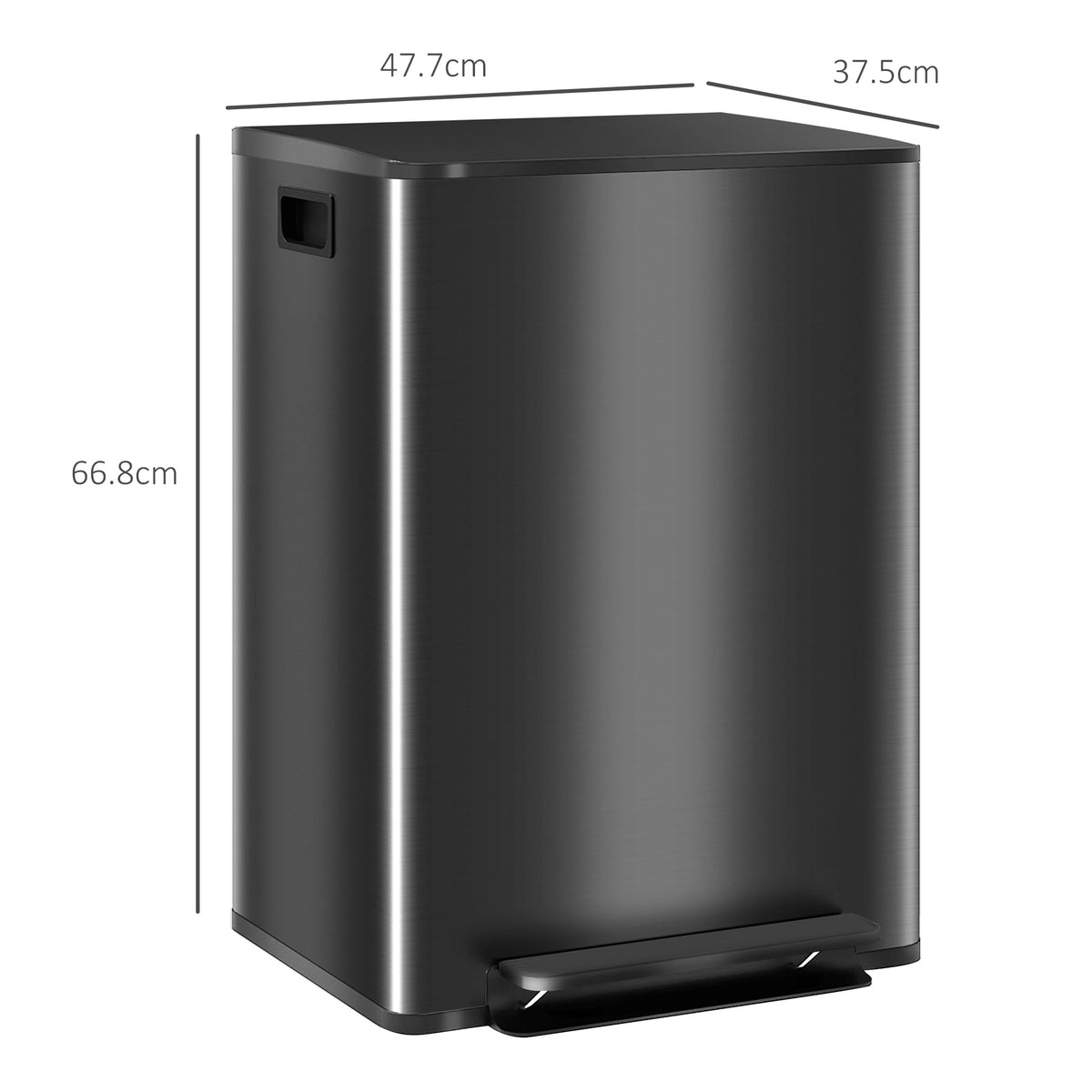 HOMCOM Dual Kitchen Bin, 2 x 30L Double Bin for Recycling and Waste, Stainless Steel Pedal Bin with Soft-Close Lid, Removable Inner Buckets and Handles, Black