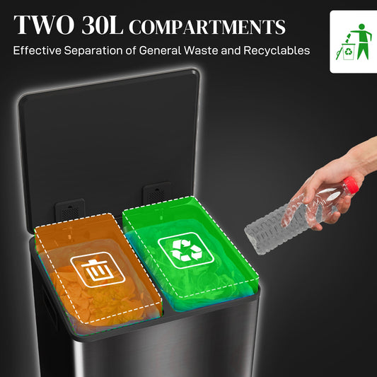 HOMCOM Dual Kitchen Bin, 2 x 30L Double Bin for Recycling and Waste, Stainless Steel Pedal Bin with Soft-Close Lid, Removable Inner Buckets and Handles, Black