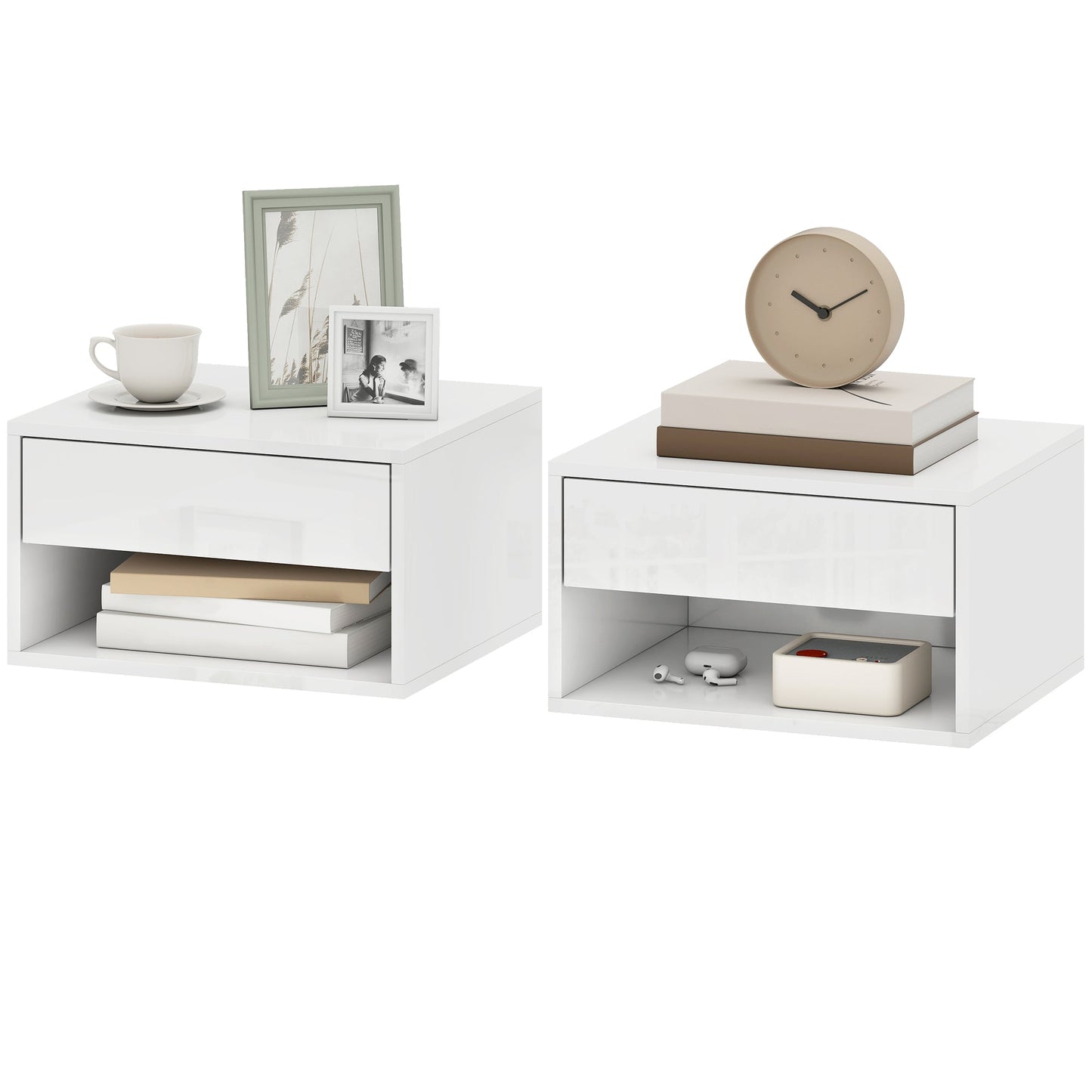 Floating Bedside Tables Set of 2, Wall Mounted Nightstand with Drawer and Open Shelf for Bedroom, High Gloss White