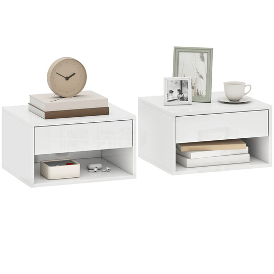 Floating Bedside Tables Set of 2, Wall Mounted Nightstand with Drawer and Open Shelf for Bedroom, High Gloss White
