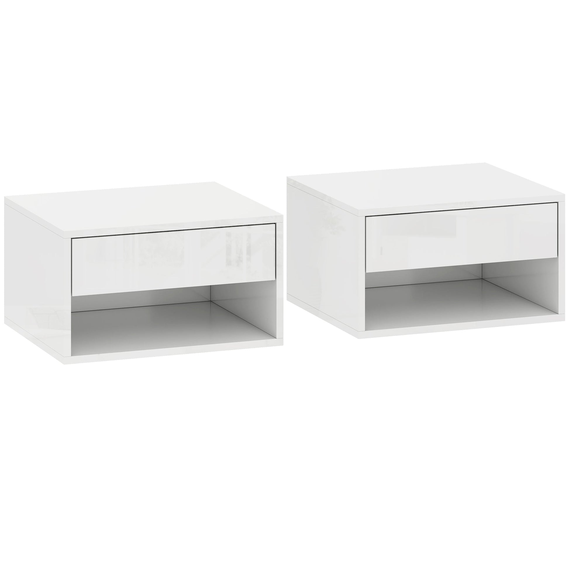 Floating Bedside Tables Set of 2, Wall Mounted Nightstand with Drawer and Open Shelf for Bedroom, High Gloss White