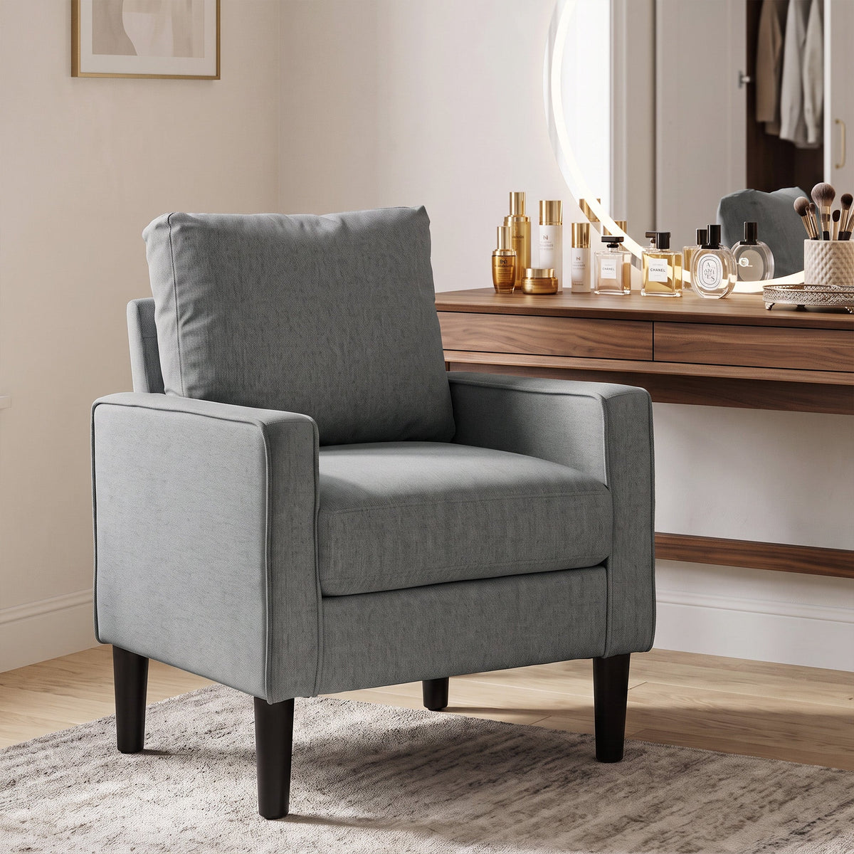 Armchair, Removable Pillow Linen Accent Chair, Comfy Spring Cushion Reading Lounge for Living Room, Bedroom, Study, Dark Grey