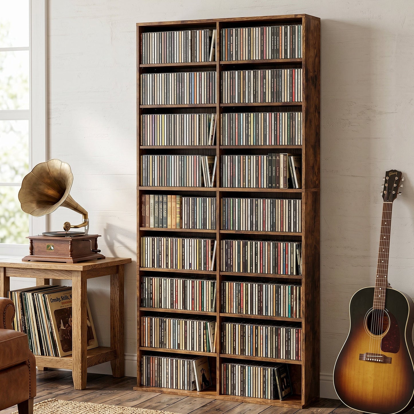 640 CD/360 DVD Storage Unit, Blu-ray Media Storage Shelf with 18 Compartments and 14 Adjustable Shelves, CD Tower for Living Room, Bedroom, Office, Rustic Brown