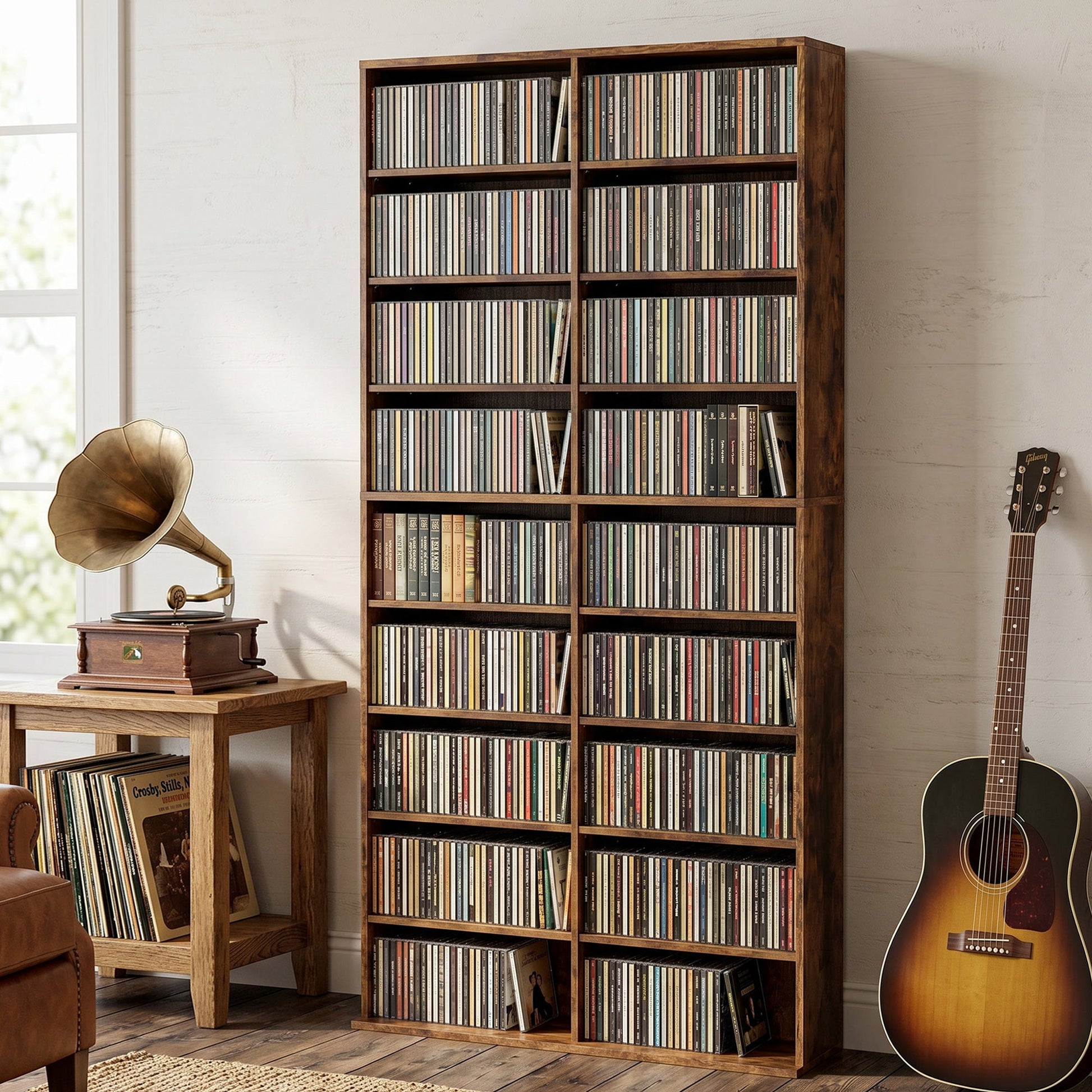 640 CD/360 DVD Storage Unit, Blu-ray Media Storage Shelf with 18 Compartments and 14 Adjustable Shelves, CD Tower for Living Room, Bedroom, Office, Rustic Brown