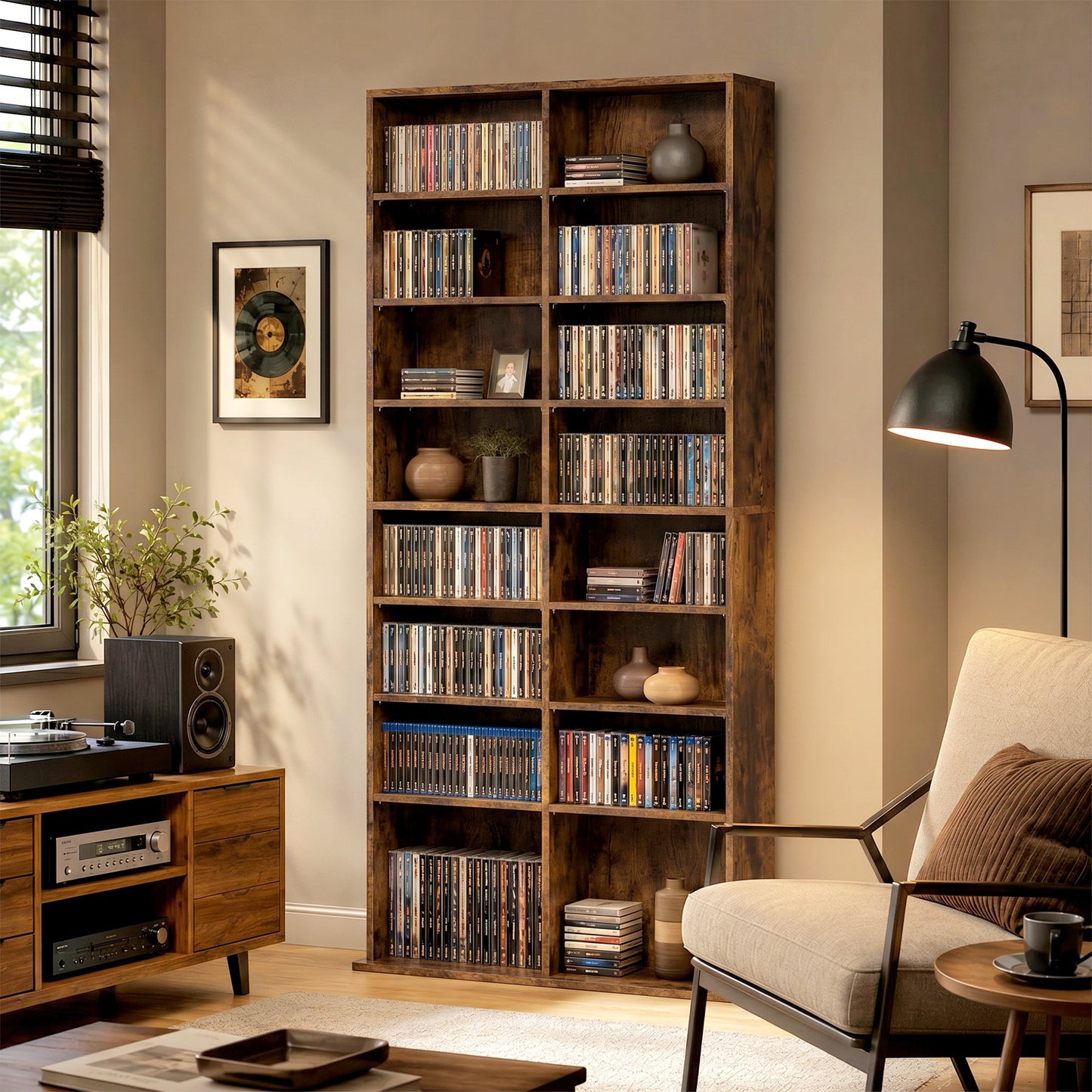 640 CD/360 DVD Storage Unit, Blu-ray Media Storage Shelf with 18 Compartments and 14 Adjustable Shelves, CD Tower for Living Room, Bedroom, Office, Rustic Brown