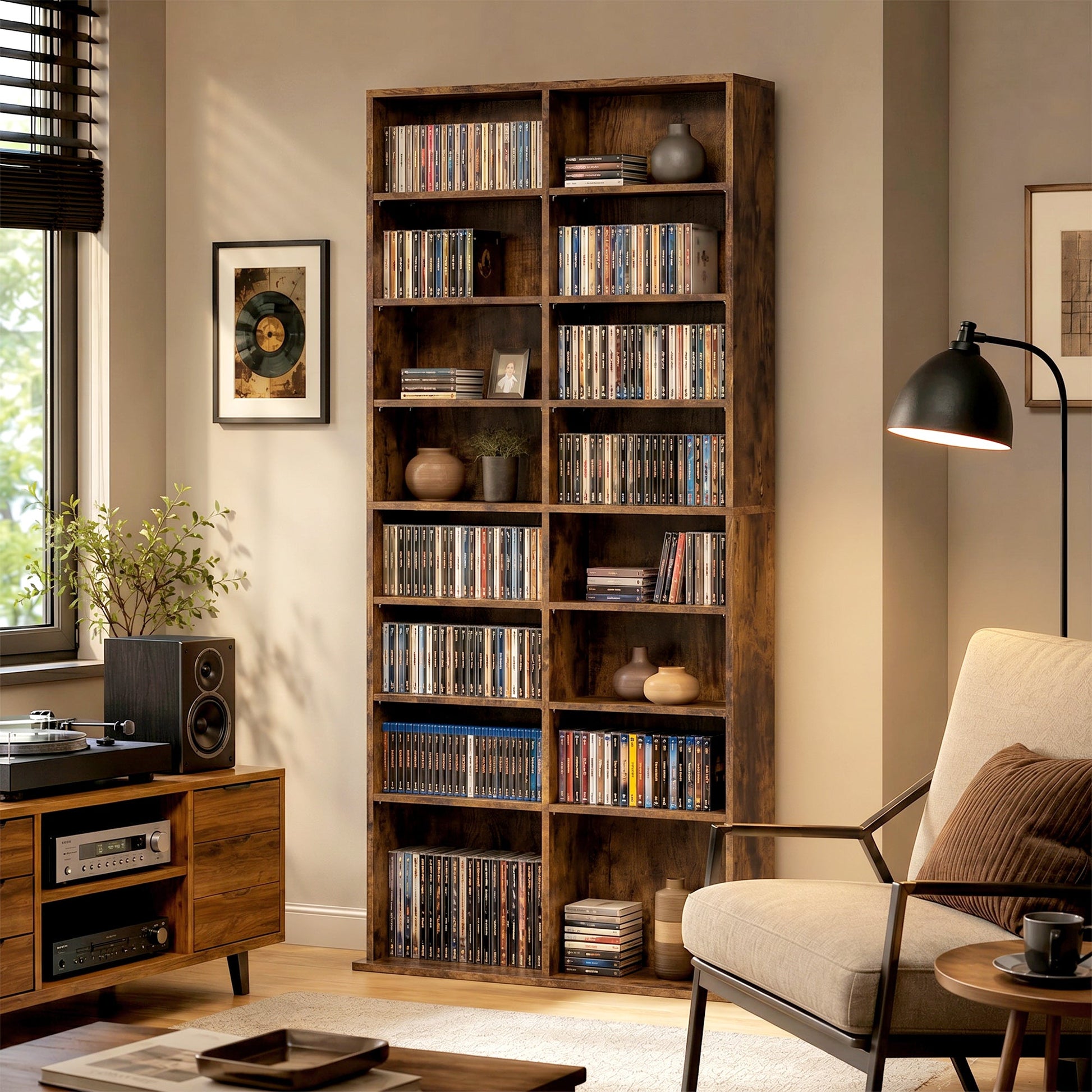 640 CD/360 DVD Storage Unit, Blu-ray Media Storage Shelf with 18 Compartments and 14 Adjustable Shelves, CD Tower for Living Room, Bedroom, Office, Rustic Brown