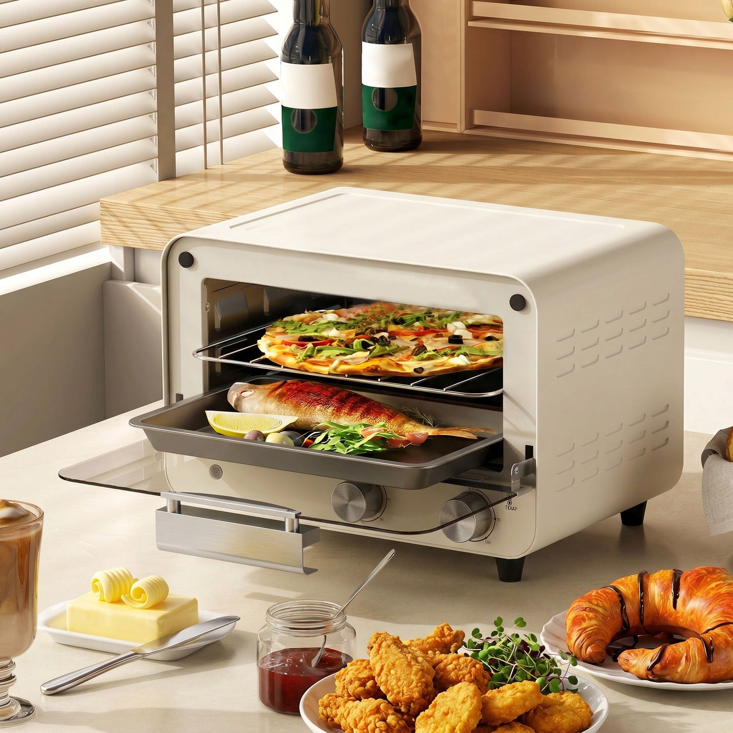 Small Toaster Oven, 12L Multifunction Mini Countertop Oven with Glass Door, Adjustable Temperature, Timer, Wire Rack & Baking Tray, 750W, Cream White