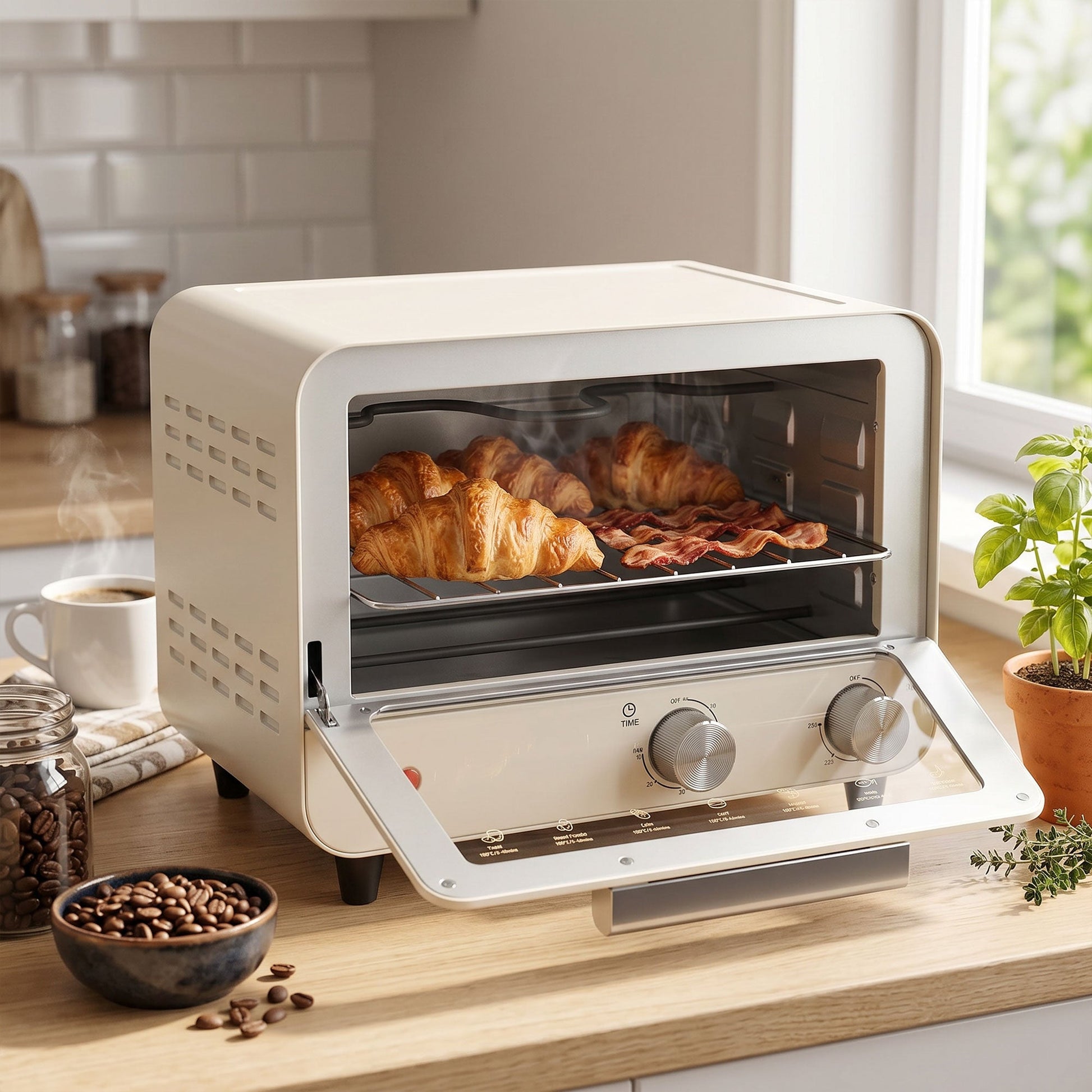 Small Toaster Oven, 12L Multifunction Mini Countertop Oven with Glass Door, Adjustable Temperature, Timer, Wire Rack & Baking Tray, 750W, Cream White