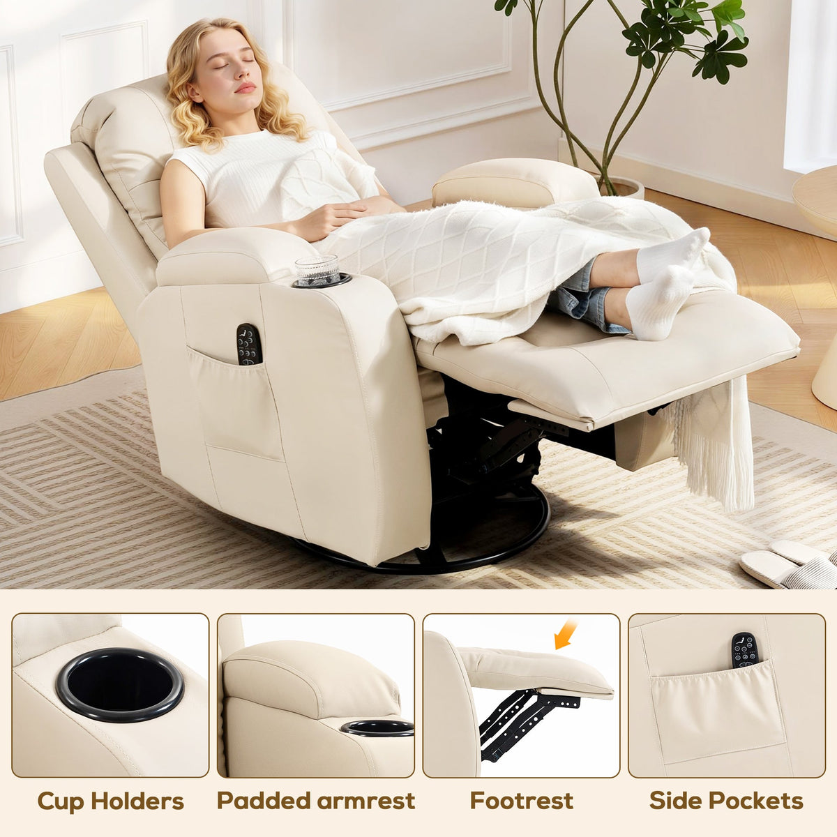 Recliner Armchair with Massage & Heat, PU Leather Recliner Chair with Extended Footrest, Cup Holders and Side Pockets, Swivel Rocking Manual Reclining Chair for Living Room, Cream