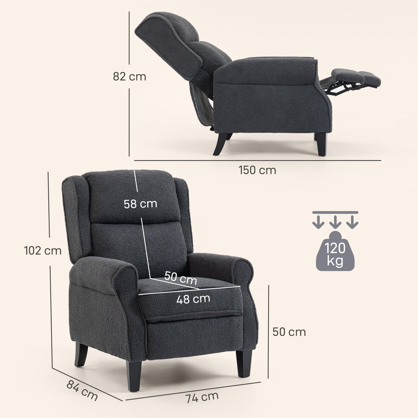Recliner Armchair, Teddy Fleece Recliner Chair with Extended Leg Rest, Spring Pack, Thick Padded, for Tall People, Push Back Reclining Chair for Home, Living Room, Charcoal Grey