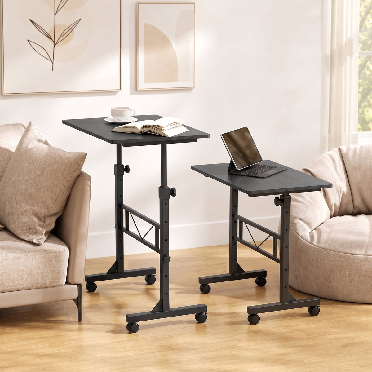Overbed Table With Wheels and Brakes, Adjustable Height Laptop Desk, Portable Hospital Bed Table with Steel Frame for Living Room, Bedroom and Study, Black