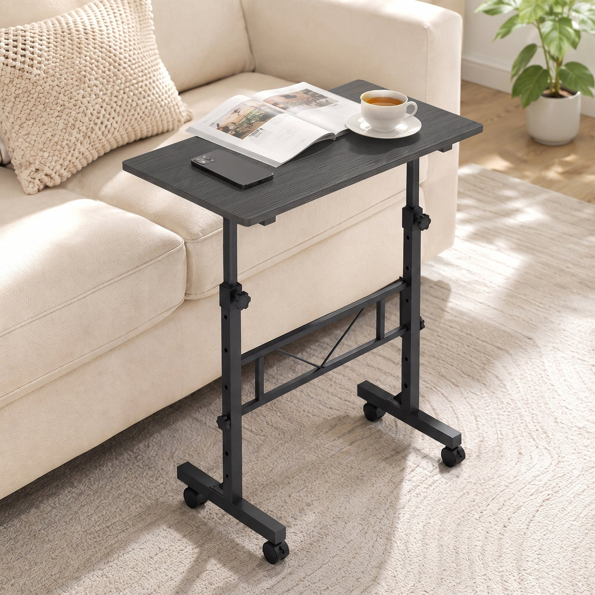 Overbed Table With Wheels and Brakes, Adjustable Height Laptop Desk, Portable Hospital Bed Table with Steel Frame for Living Room, Bedroom and Study, Black