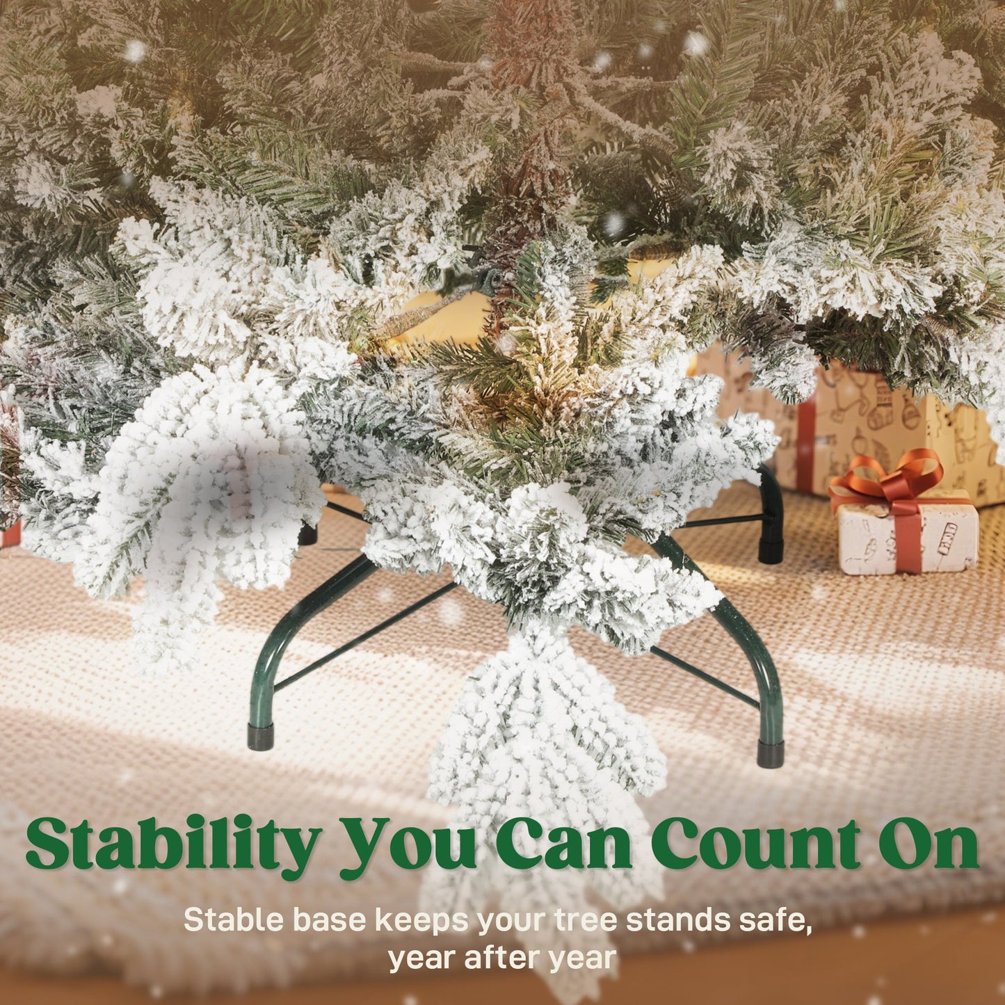 6ft Artificial Christmas Tree, Snow Flocked Christmas Tree with Realistic Dense Branches, Hinged Design, Metal Stand, Wide Shape, Easy Assembly, Xmas Home Decoration, Green White