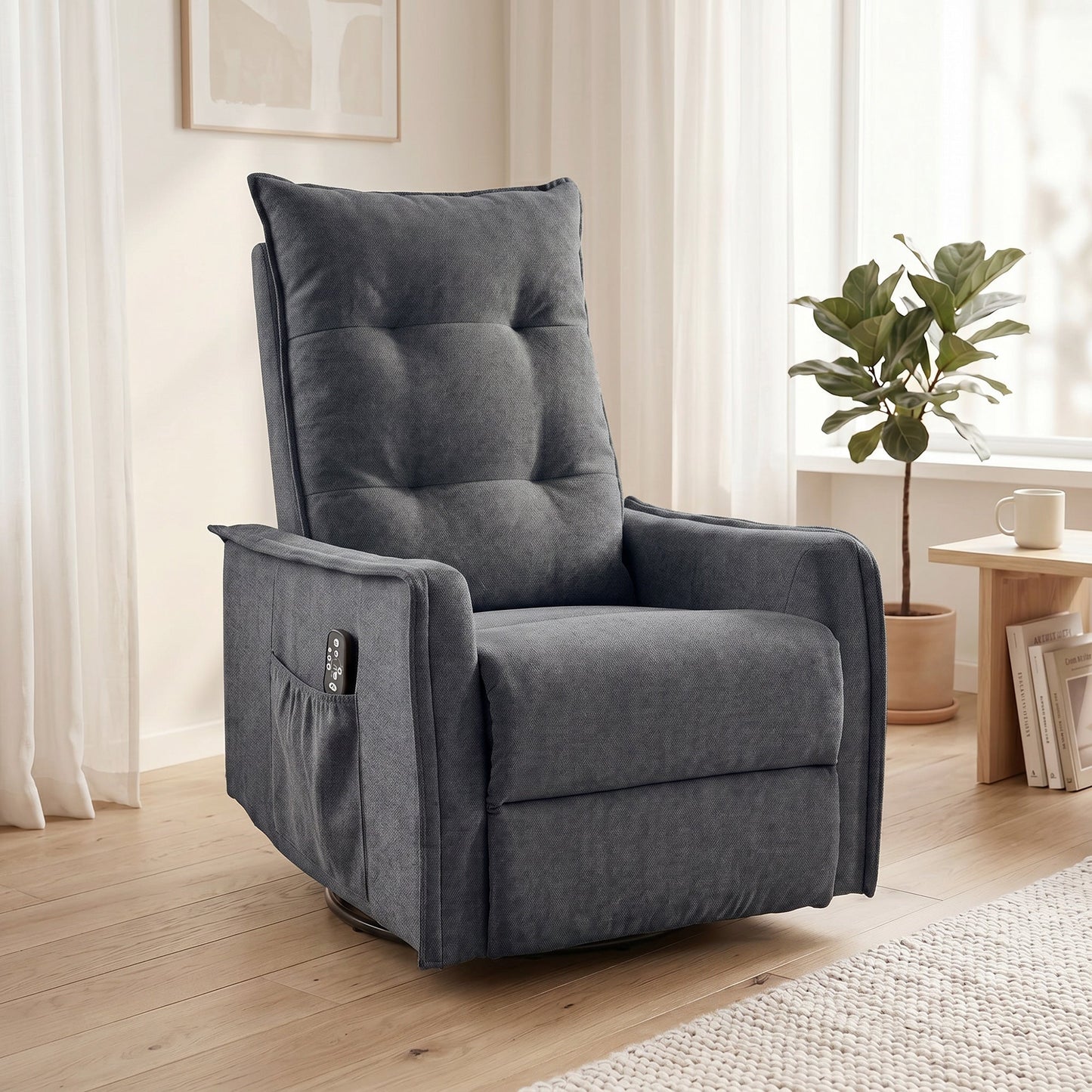 Recliner Armchair, Chenille Recliner Chair with Massage and Heat, 360° Swivel Rocking Manual Reclining Chair with Side Pockets for Living Room, Dark Grey