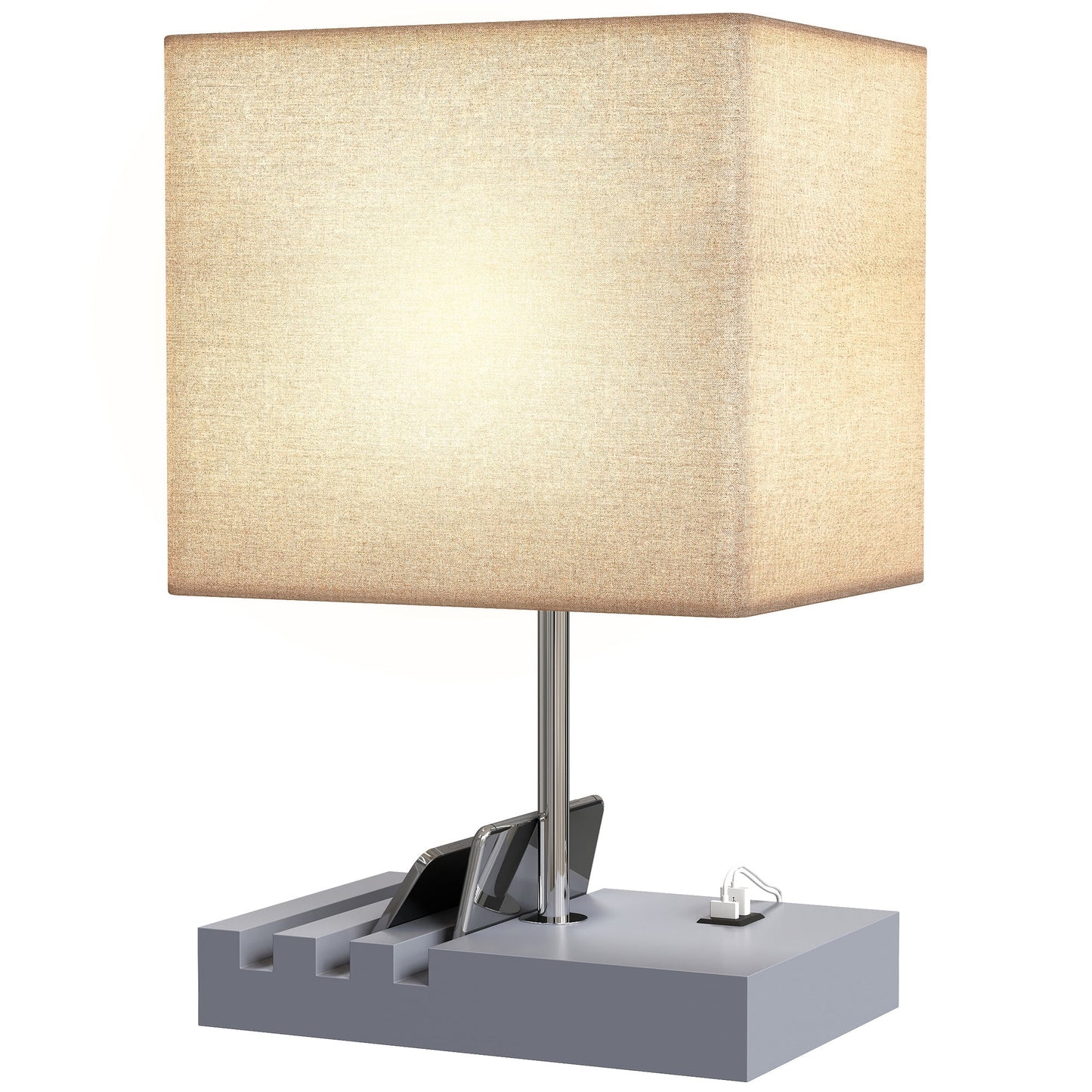 Bedside Lamp with USB A+C Charging Ports and 3 Phone Stands, Modern Table Lamp with Solid Wood Base and Fabric Shade for Bedroom Living Room Office, E27 Socket, Bulb Not Included, Grey