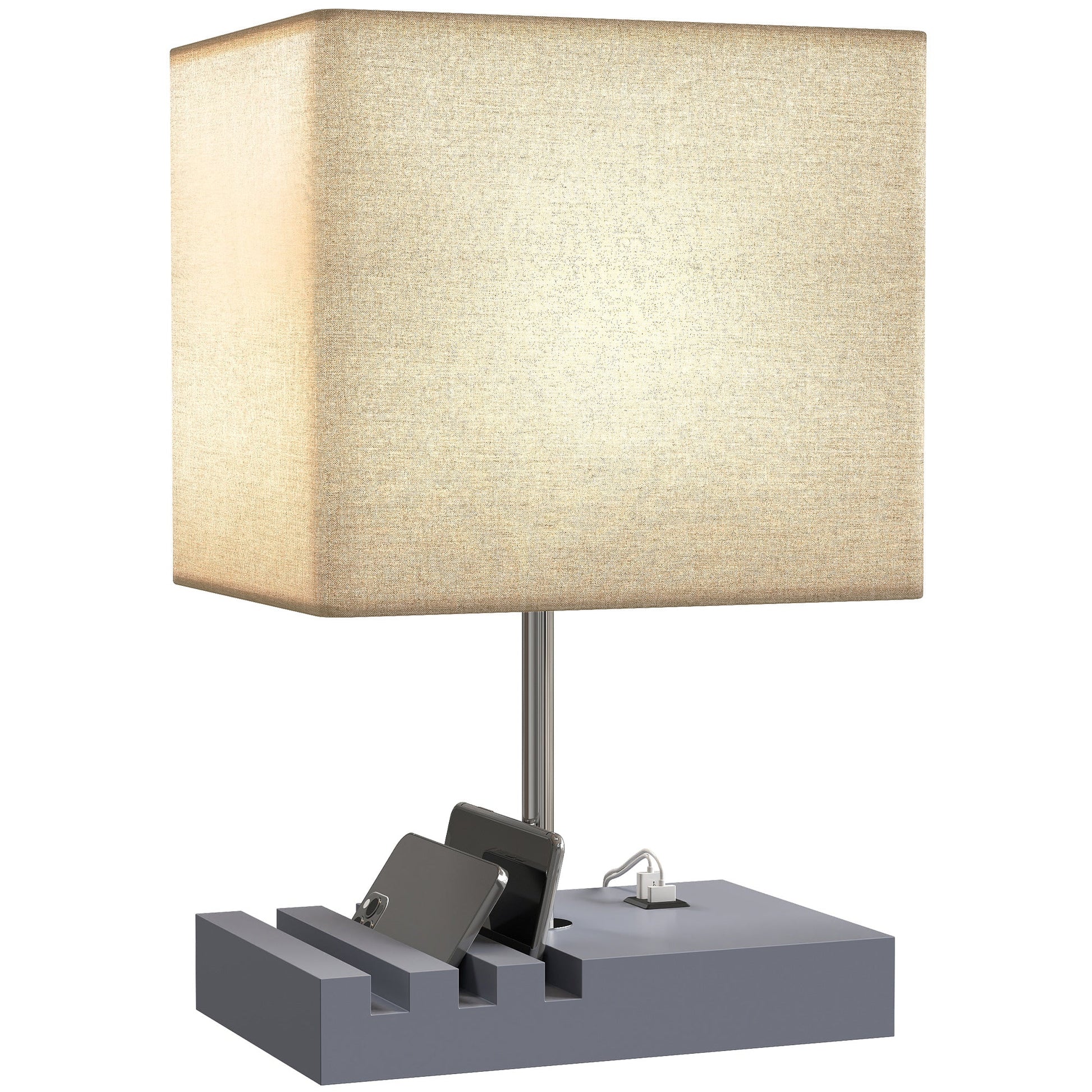 Bedside Lamp with USB A+C Charging Ports and 3 Phone Stands, Modern Table Lamp with Solid Wood Base and Fabric Shade for Bedroom Living Room Office, E27 Socket, Bulb Not Included, Grey