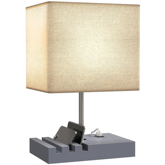 Bedside Lamp with USB A+C Charging Ports and 3 Phone Stands, Modern Table Lamp with Solid Wood Base and Fabric Shade for Bedroom Living Room Office, E27 Socket, Bulb Not Included, Grey