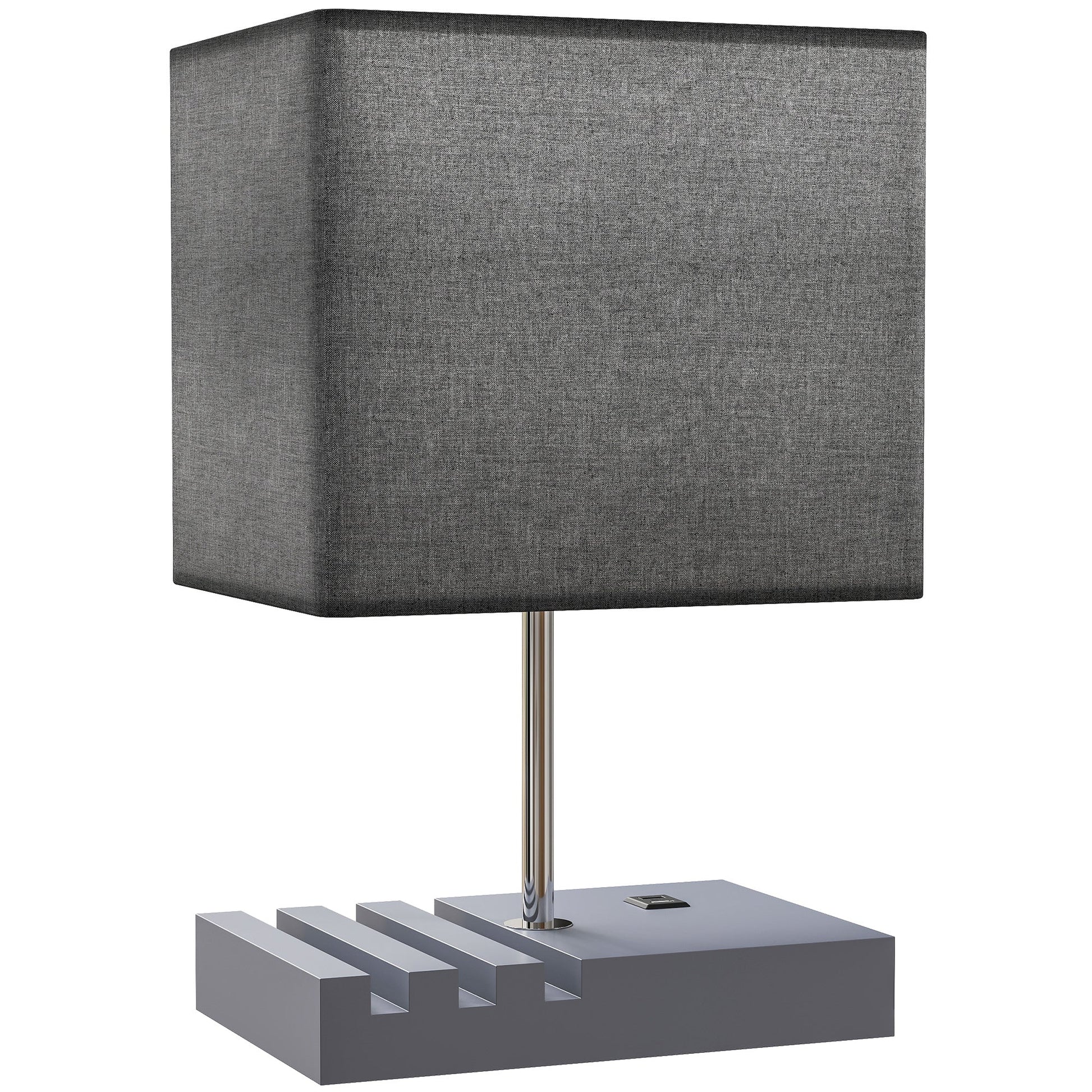 Bedside Lamp with USB A+C Charging Ports and 3 Phone Stands, Modern Table Lamp with Solid Wood Base and Fabric Shade for Bedroom Living Room Office, E27 Socket, Bulb Not Included, Grey