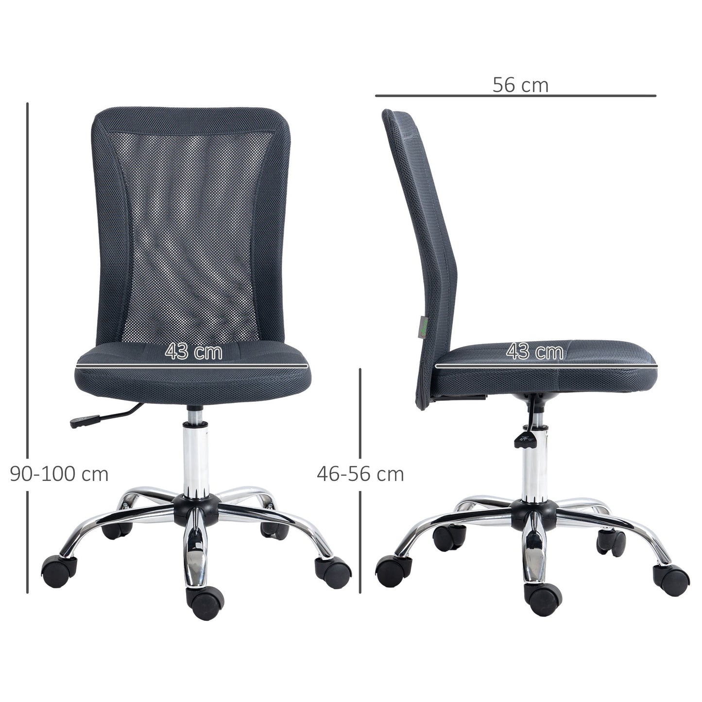 Vinsetto Office Chair, Armless Desk Chair, Adjustable Computer Swivel Chair with Rolling Wheels and Mesh Back for Home Work Study, Dark Grey