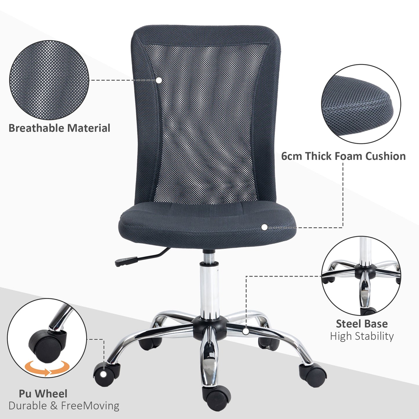 Vinsetto Office Chair, Armless Desk Chair, Adjustable Computer Swivel Chair with Rolling Wheels and Mesh Back for Home Work Study, Dark Grey