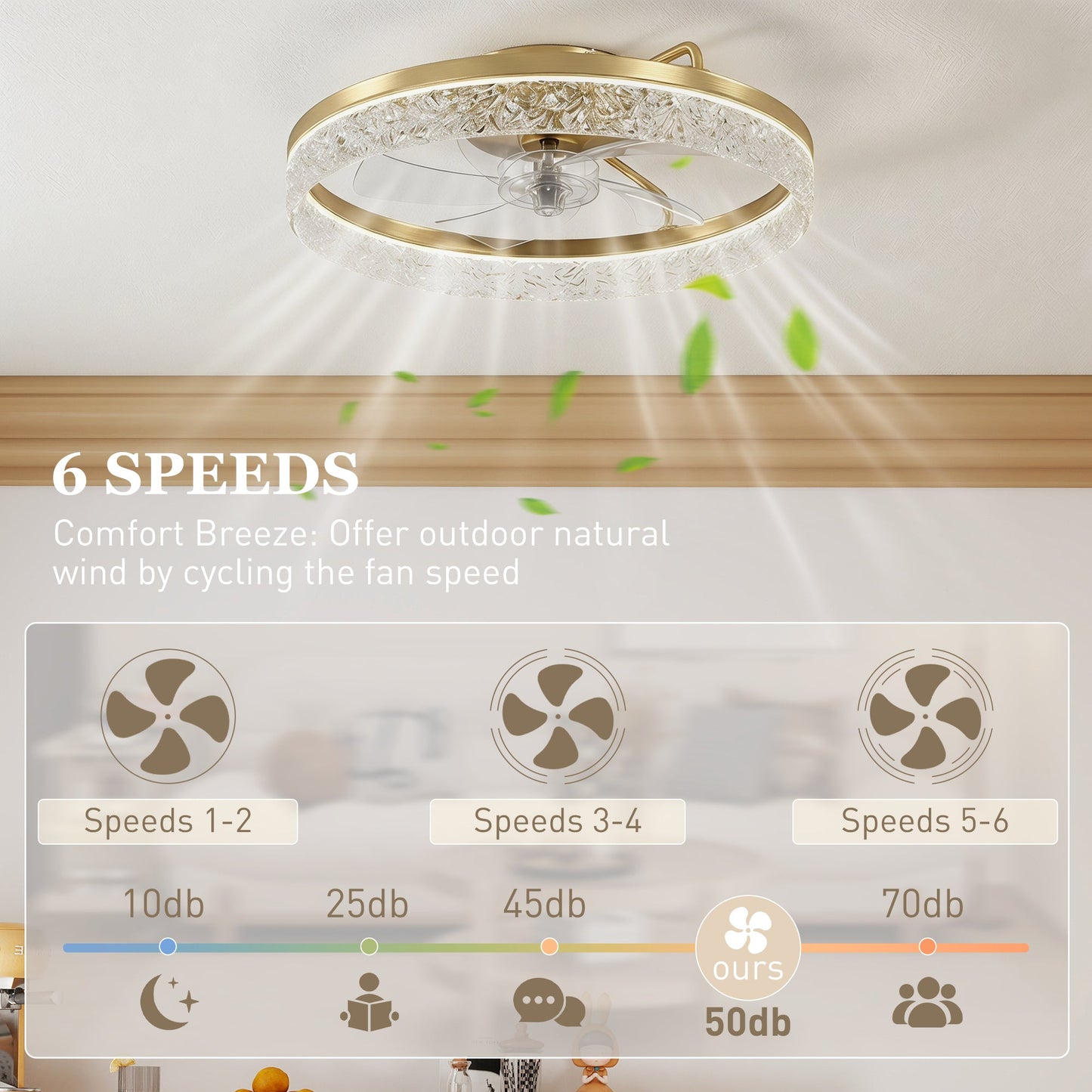 Ceiling Fans with Lights and Remote & App Control, 50 cm Modern LED Ceiling Fan Light with 3 Colour Temperatures, 6 Speed, Timer, Dimmable, Quiet Reversible DC Motor, for Bedroom, Study, Gold