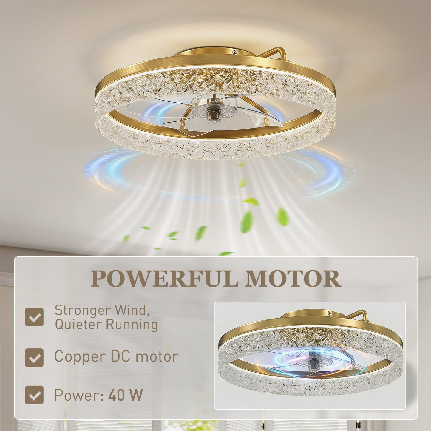 Ceiling Fans with Lights and Remote & App Control, 50 cm Modern LED Ceiling Fan Light with 3 Colour Temperatures, 6 Speed, Timer, Dimmable, Quiet Reversible DC Motor, for Bedroom, Study, Gold