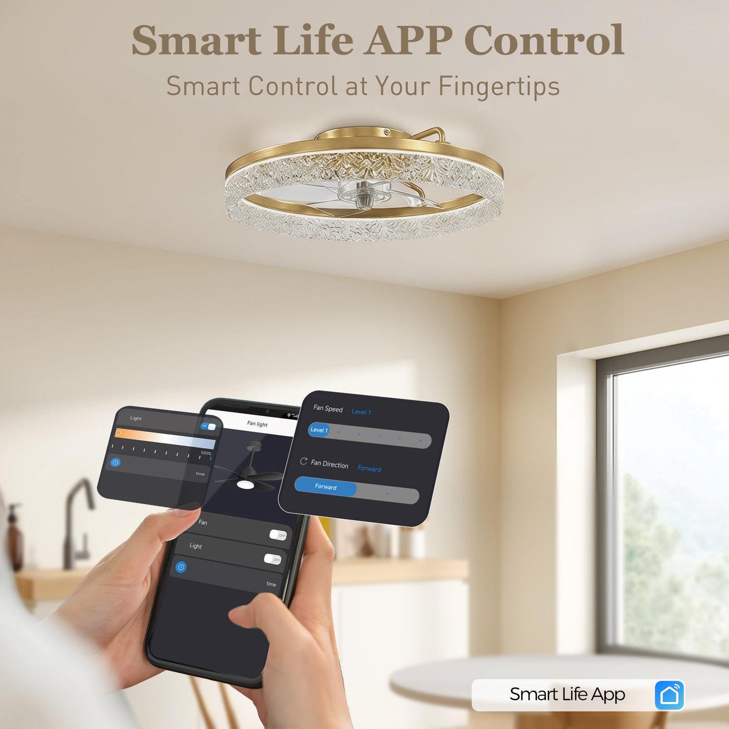 Ceiling Fans with Lights and Remote & App Control, 50 cm Modern LED Ceiling Fan Light with 3 Colour Temperatures, 6 Speed, Timer, Dimmable, Quiet Reversible DC Motor, for Bedroom, Study, Gold