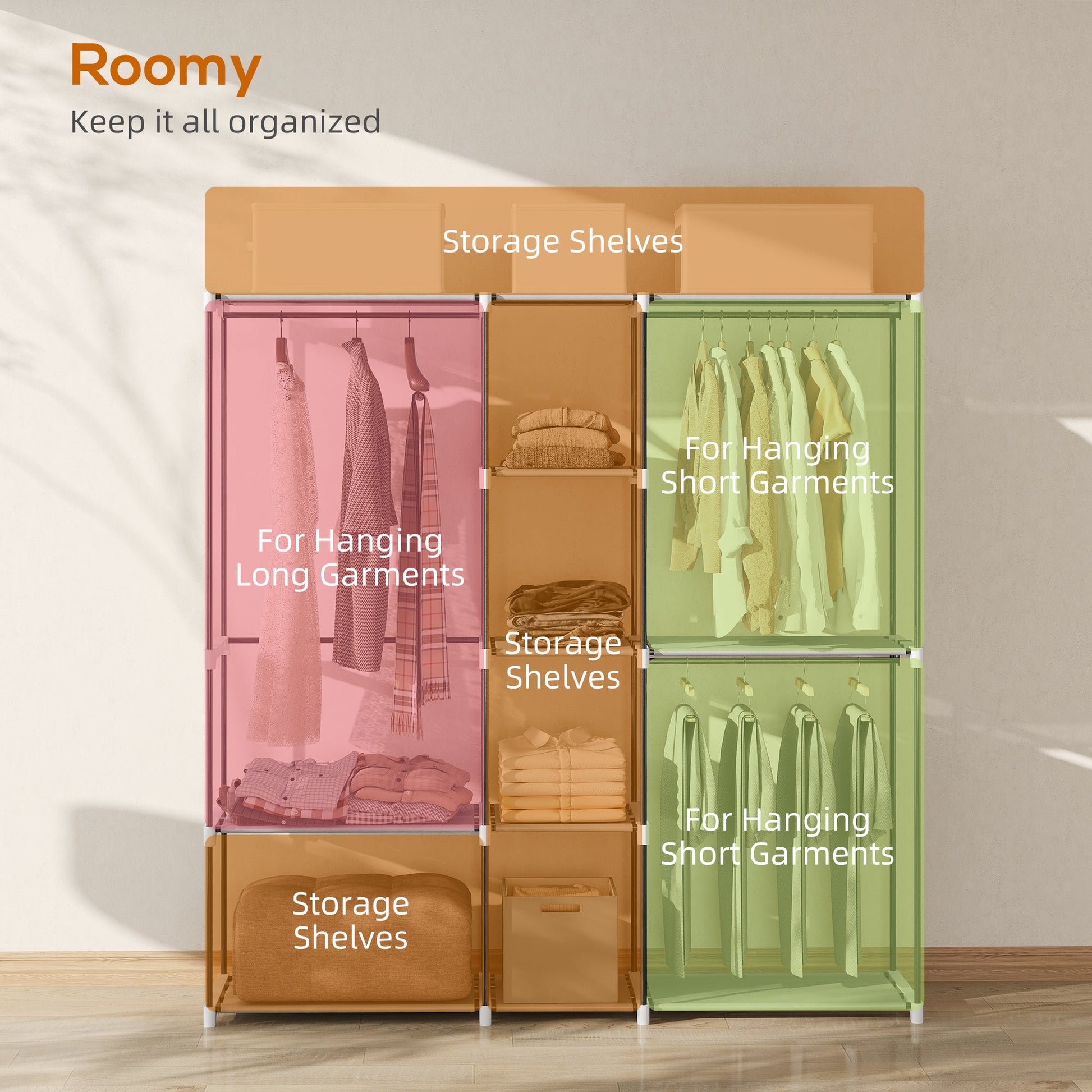 Portable Wardrobe, Open Clothes Wardrobe with 8 Shelves, 3 Hanging Rails, Freestanding Coat Rack Organiser, 182 x 43 x 185cm, Light Grey