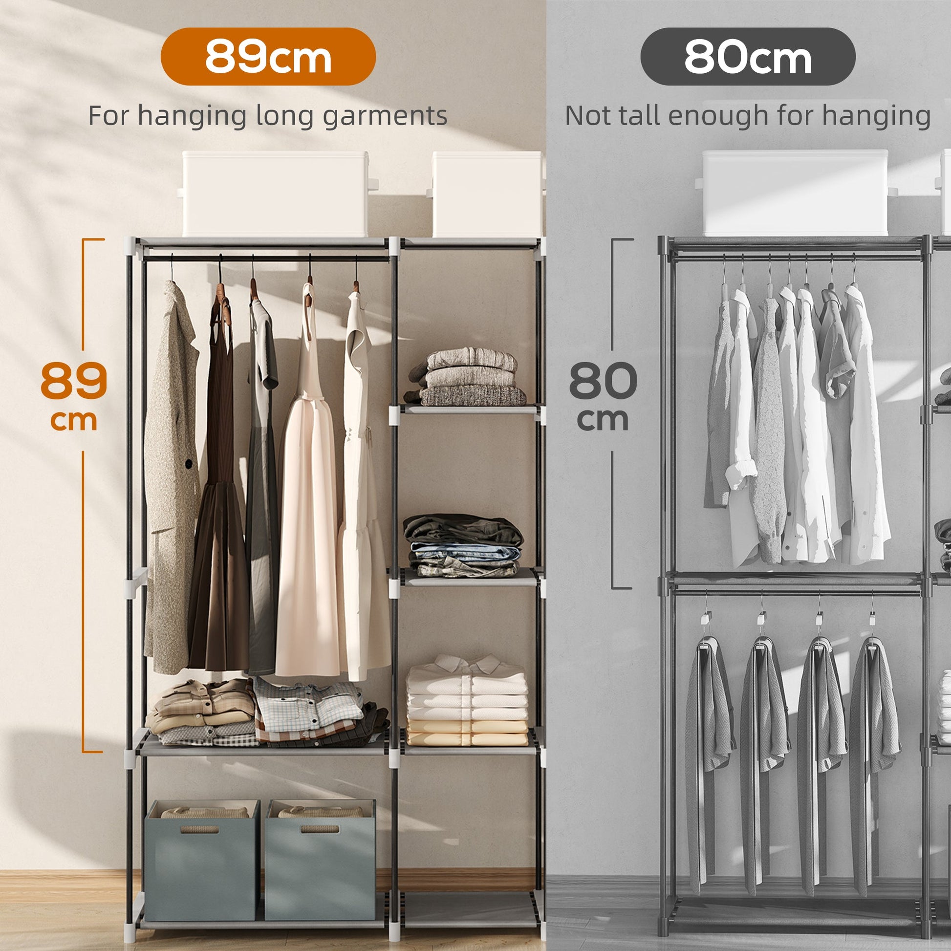 Portable Wardrobe, Open Clothes Wardrobe with 8 Shelves, 3 Hanging Rails, Freestanding Coat Rack Organiser, 182 x 43 x 185cm, Light Grey