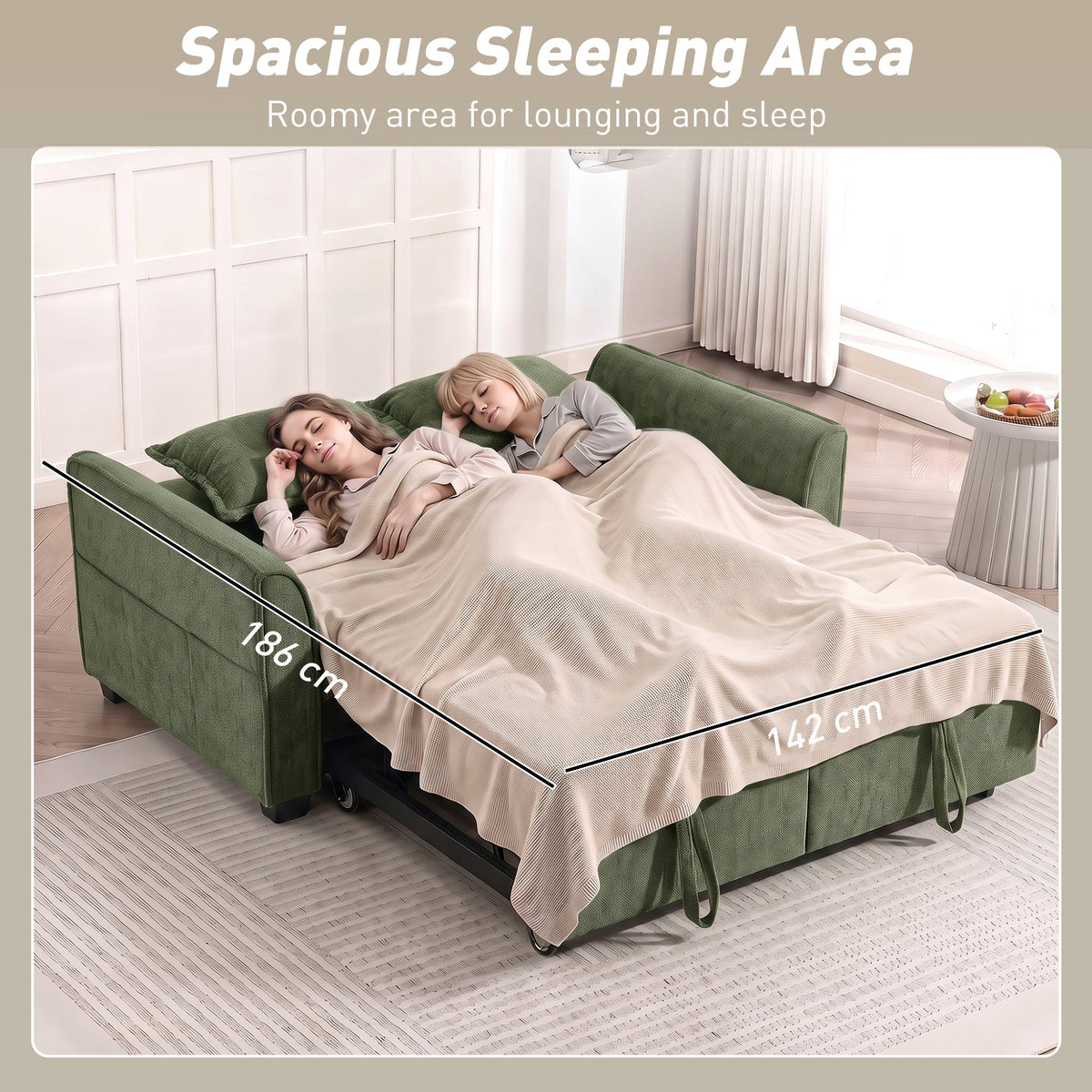 2 Seater Sofa Bed, 4-in-1 L Shaped Convertible Pull Out Sleeper Sofa with Adjustable Backrest, Chenille Loveseat with 2 Pillows, Wide Deep Seat, Side Pockets for Living Room, Dark Green
